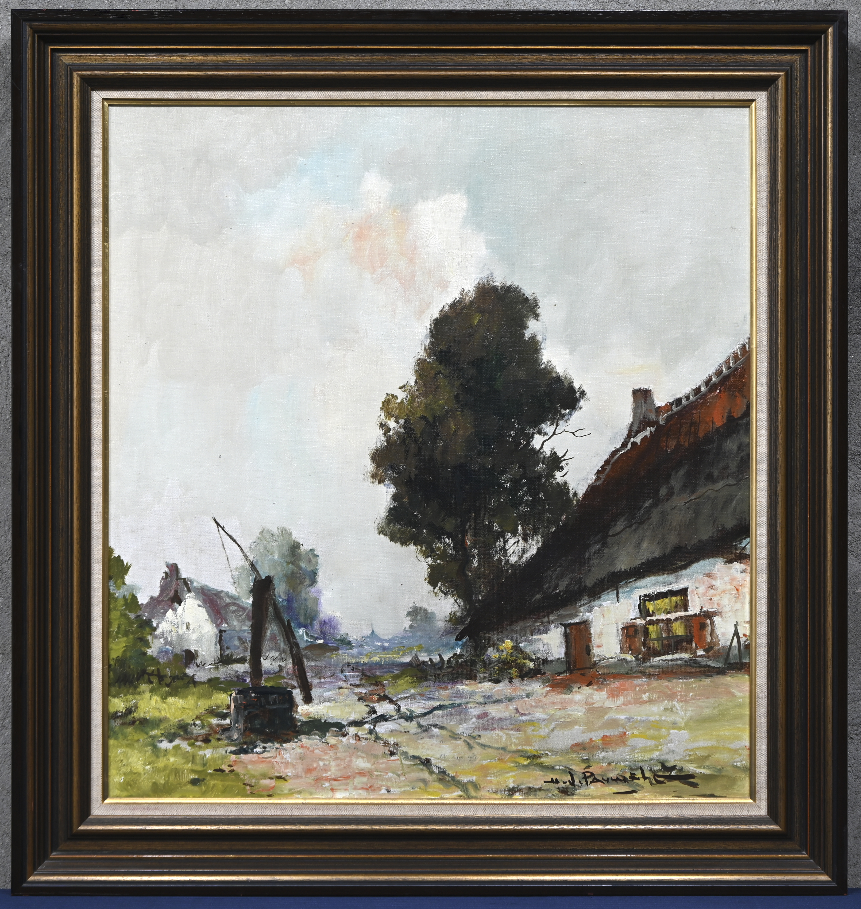 “Hoevelandschap”, een schilderij, olieverf op doek in houten kader. Gesigneerd “Hoevelandschap”, een schilderij, olieverf op doek in houten kader. Gesigneerd.