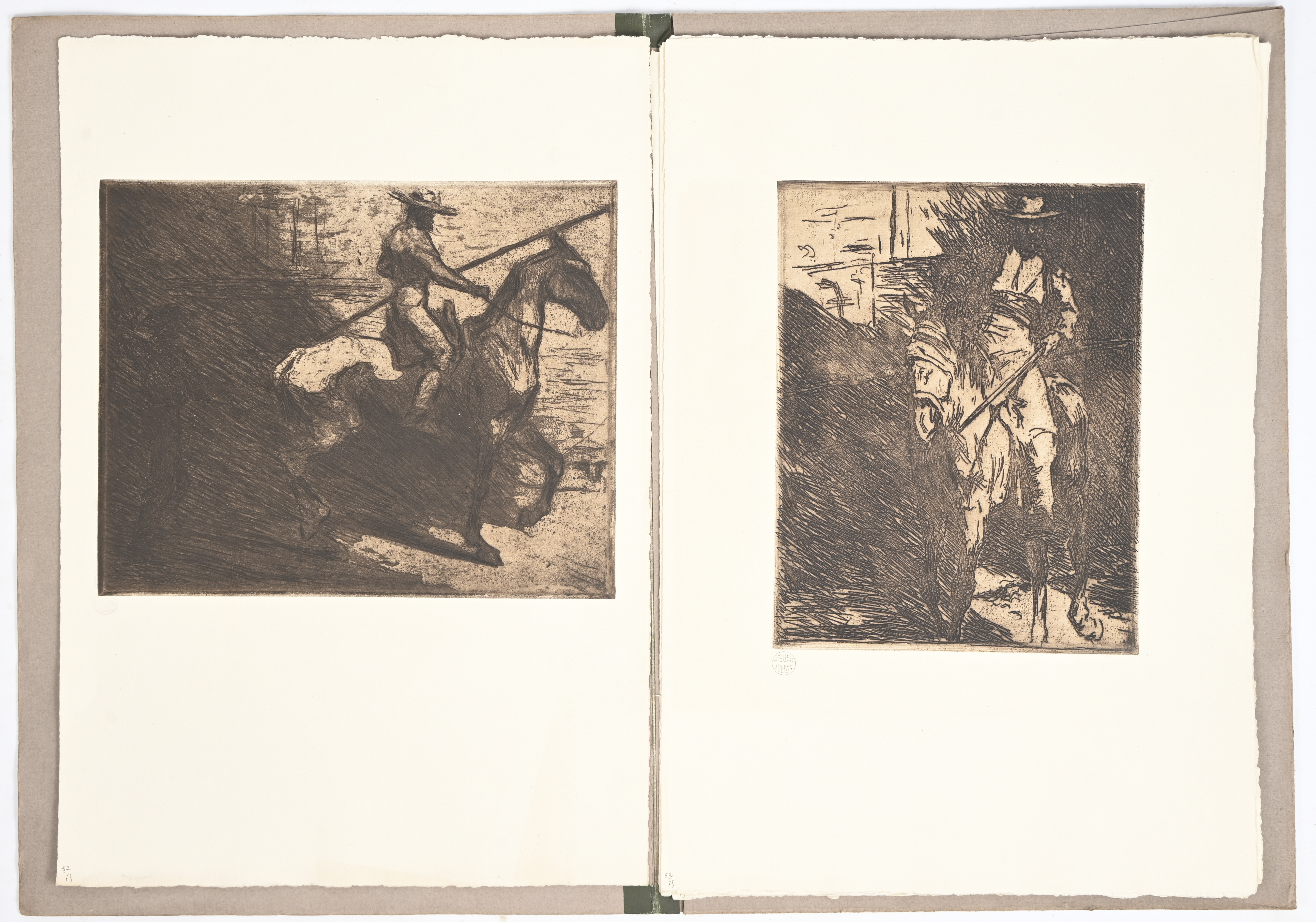 ‘Eaux-Fortes’, een map met zes etsen/aquatint. Vier met de voorstelling van matadors en twee met vissers. Getekend met de stempel van het atelier ‘Eaux-Fortes’, een map met zes etsen/aquatint. Vier met de voorstelling van matadors en twee met vissers. Getekend met de stempel van het atelier.