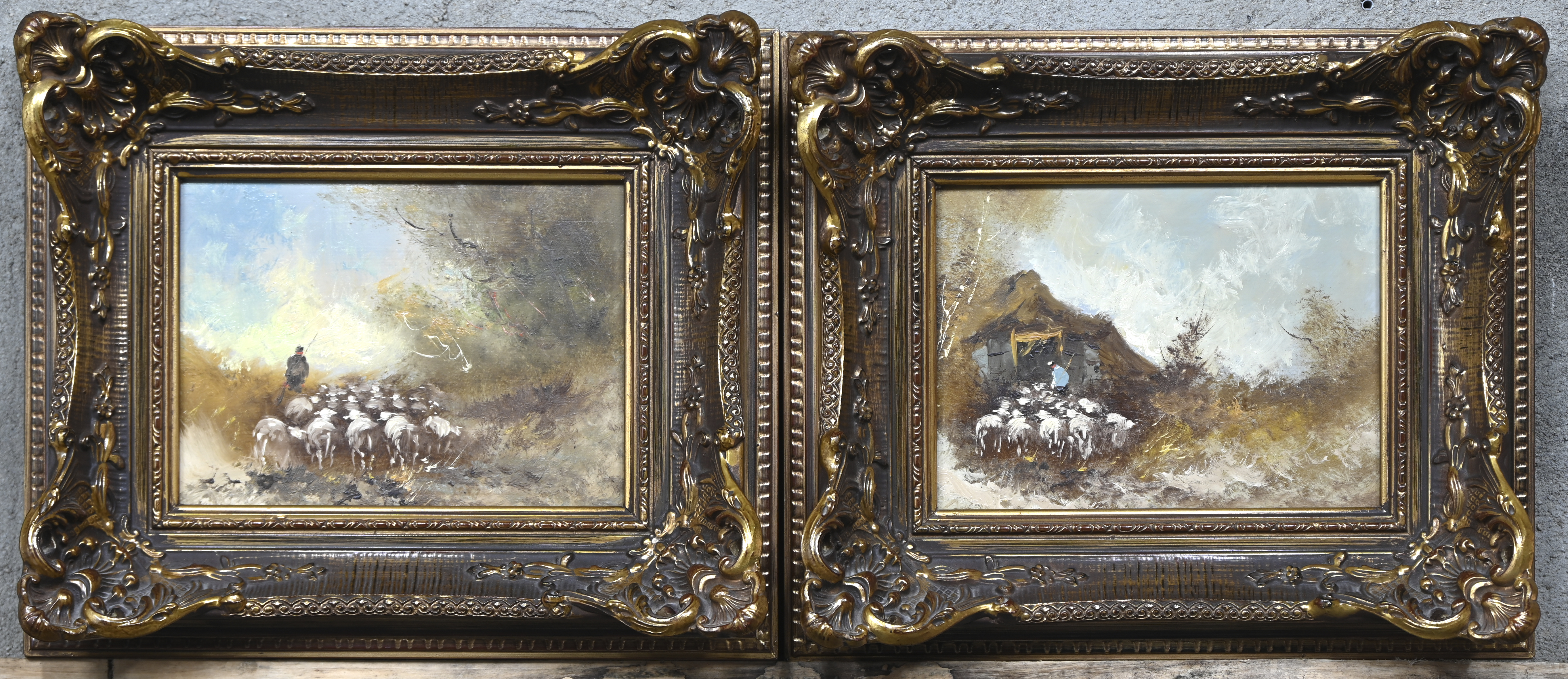 ‘Landschap met schapenhoeder’, twee olieverfschilderijtjes op paneel. Postimpresionistische stijlwerkjes. Niet gesigneerd ‘Landschap met schapenhoeder’, twee olieverfschilderijtjes op paneel. Postimpresionistische stijlwerkjes. Niet gesigneerd.