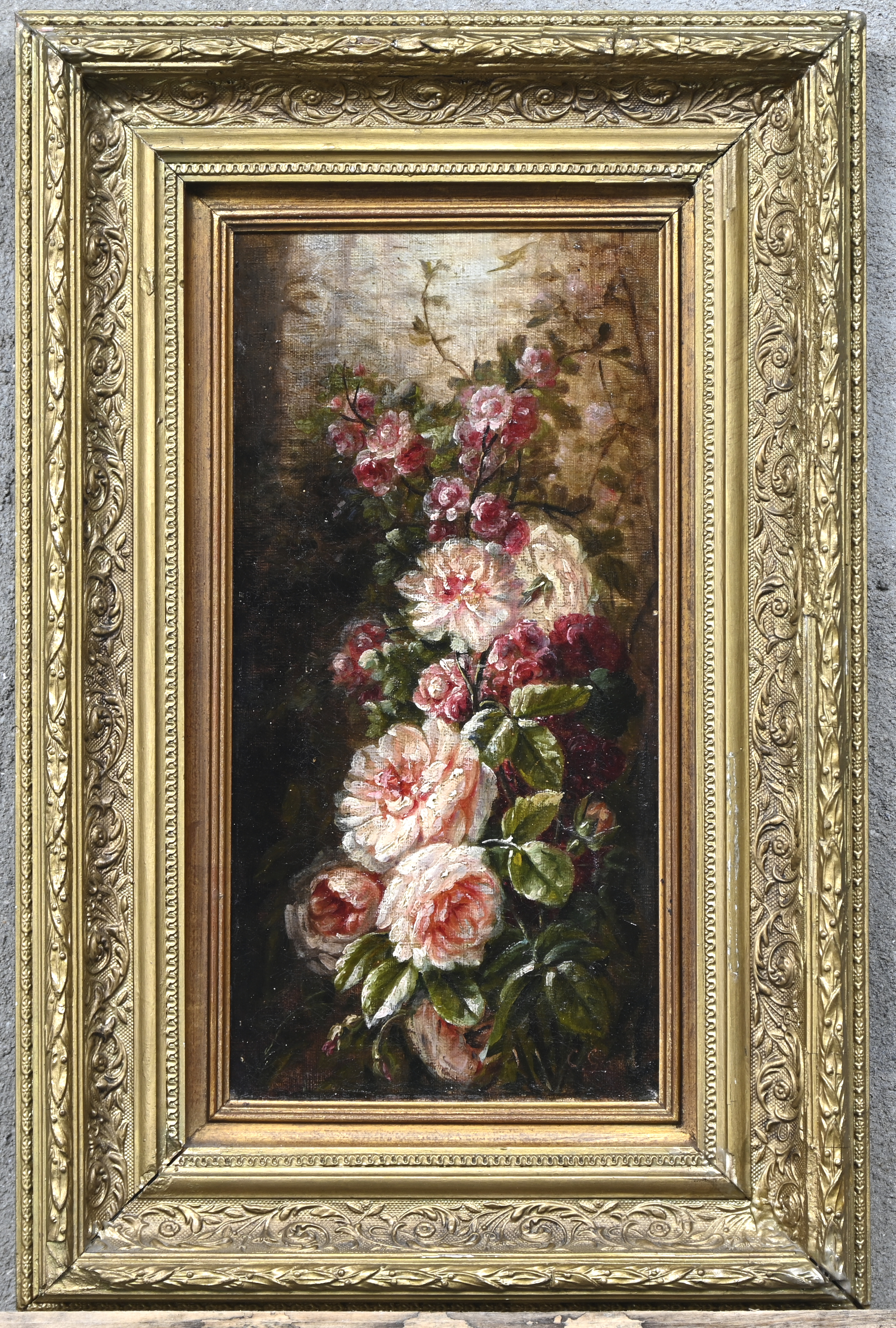 ‘Rozentak’, een olieverfschilderij op doek. Vermoedelijk 19e eeuws, onleesbaar gesigneerd ‘Rozentak’, een olieverfschilderij op doek. Vermoedelijk 19e eeuws, onleesbaar gesigneerd.