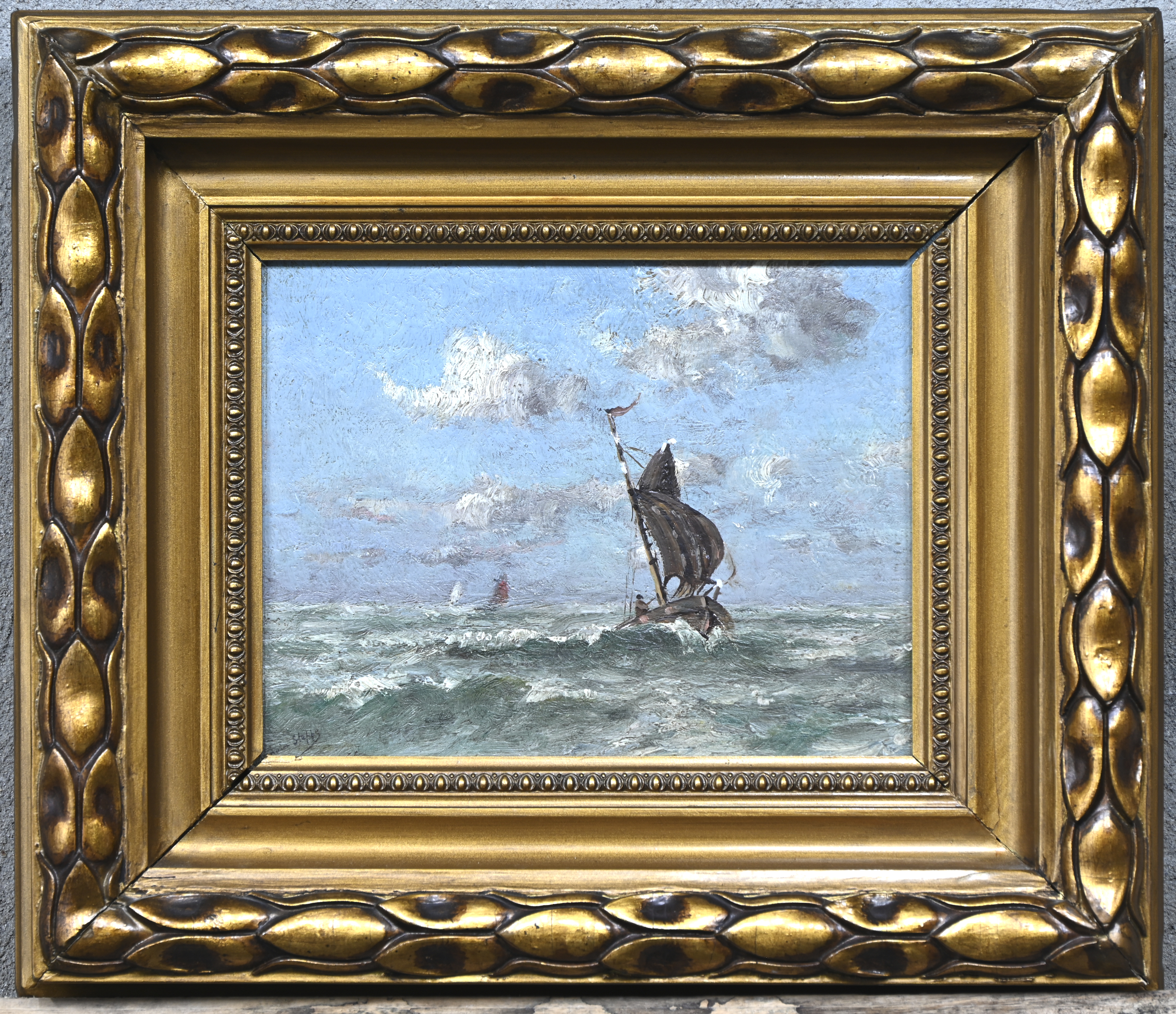 ‘Marine’, een olieverfschilderij op paneel. Gesigneerd ‘Marine’, een olieverfschilderij op paneel. Gesigneerd.