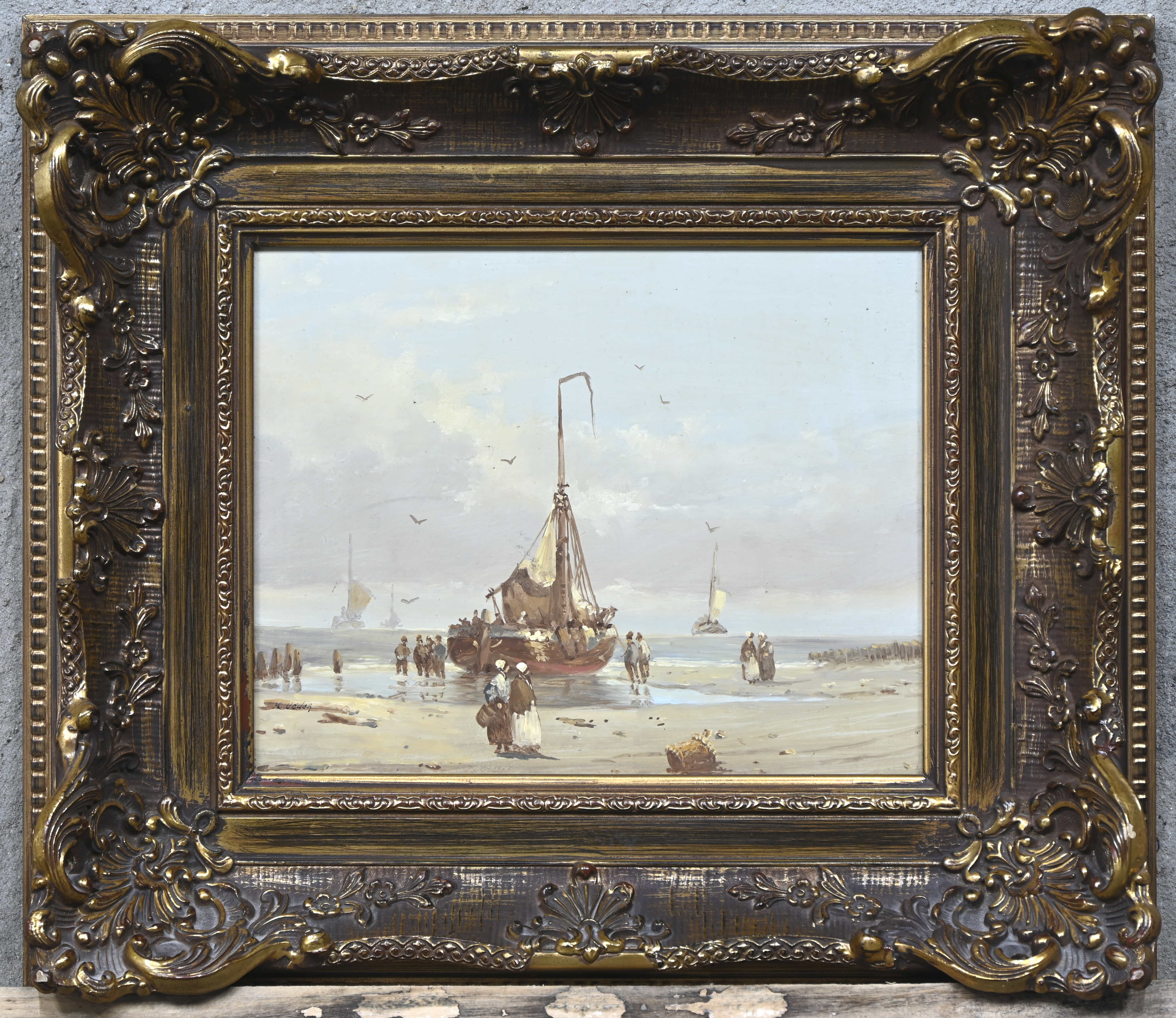 ‘Terugkeer van de vissers’, een olieverfschilderij op paneel. In de stijl van de 19e eeuw, getekend H. Vader ‘Terugkeer van de vissers’, een olieverfschilderij op paneel. In de stijl van de 19e eeuw, getekend H. Vader.