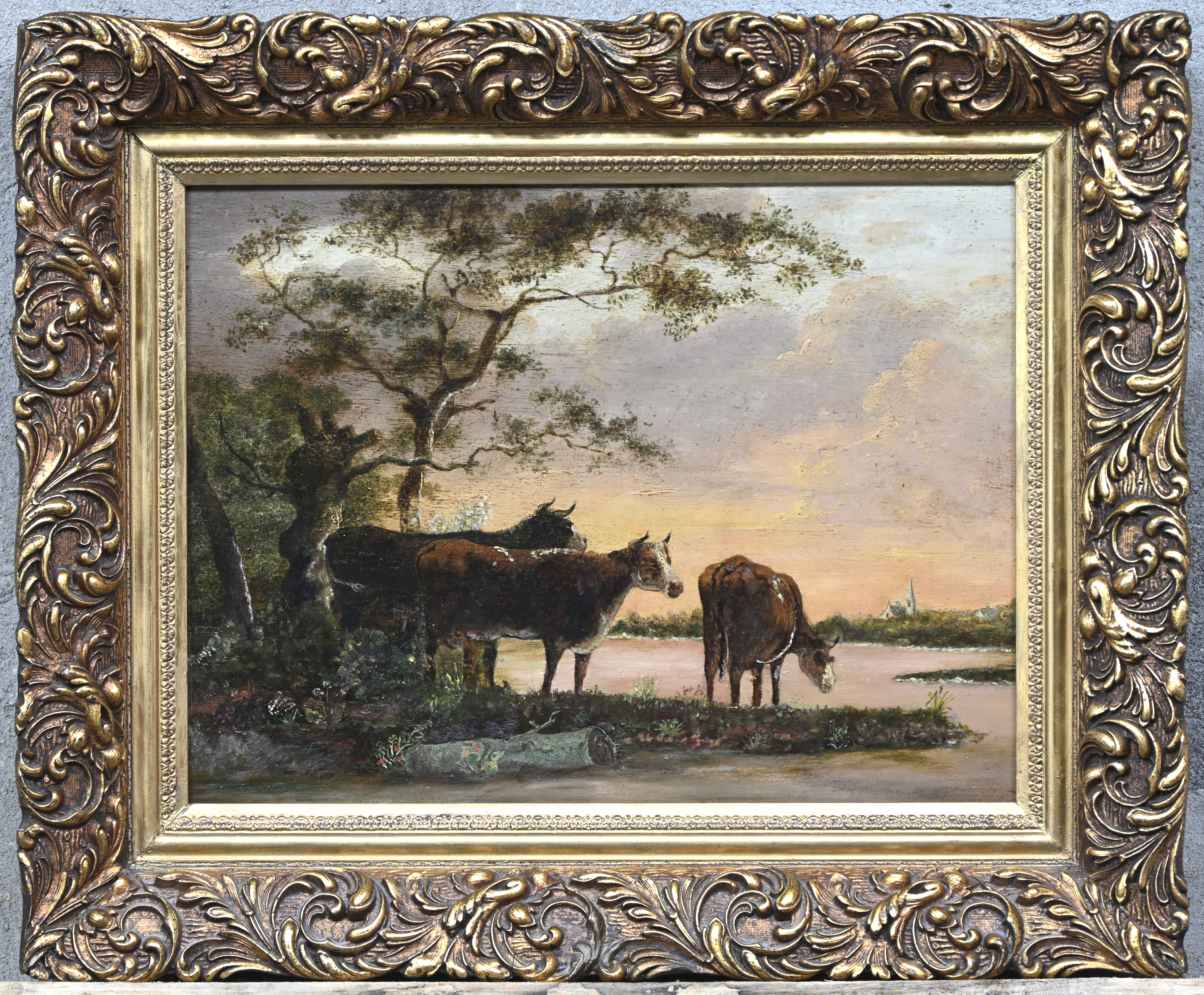 ‘Landschap met runderen’, een olieverfschilderij op paneel. Vermoedelijk 19e eeuw, niet gesigneerd ‘Landschap met runderen’, een olieverfschilderij op paneel. Vermoedelijk 19e eeuw, niet gesigneerd.