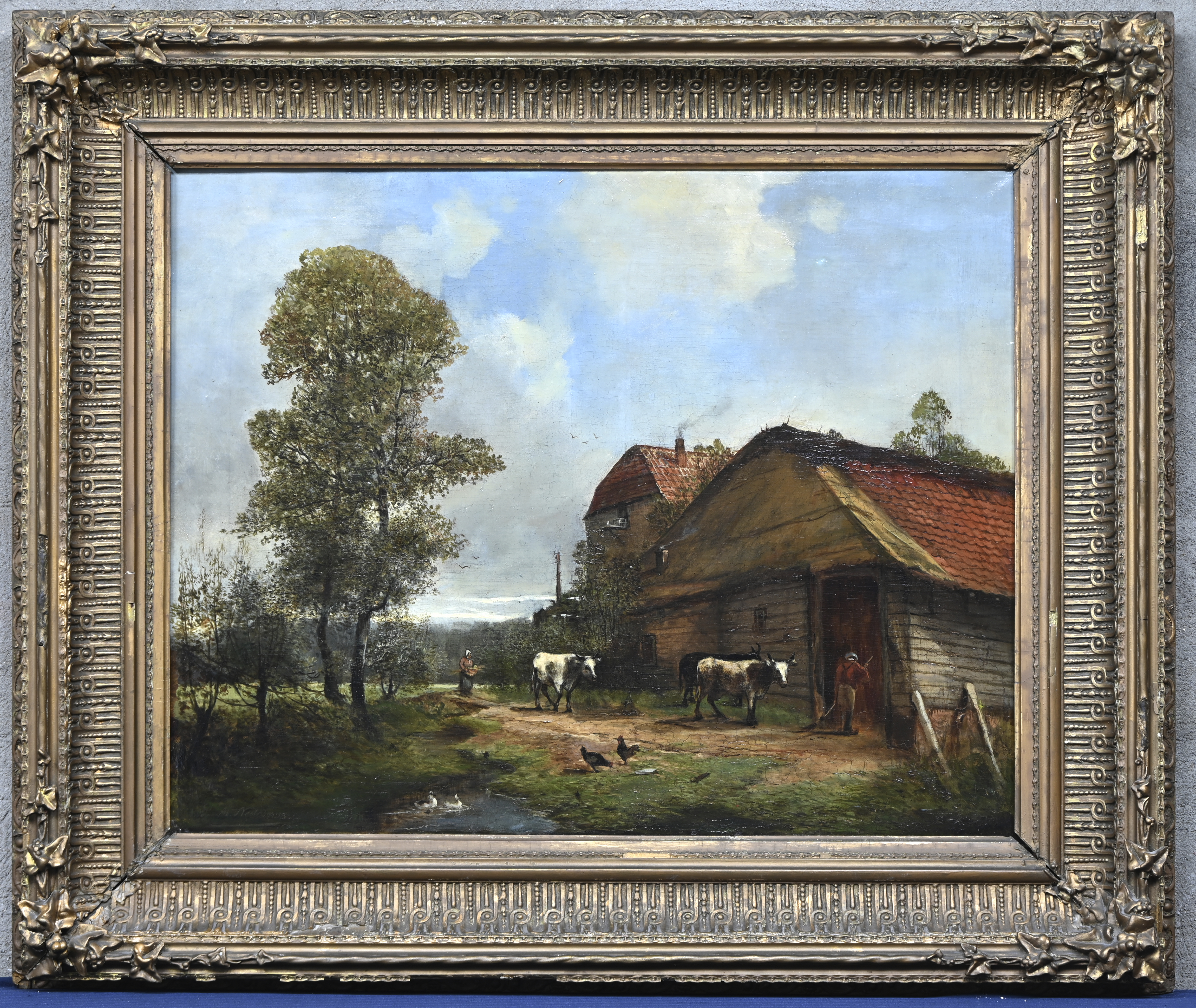 “Boerenerf met koeien.” Olieverf op doek. Gesigneerd “Boerenerf met koeien.” Olieverf op doek. Gesigneerd.