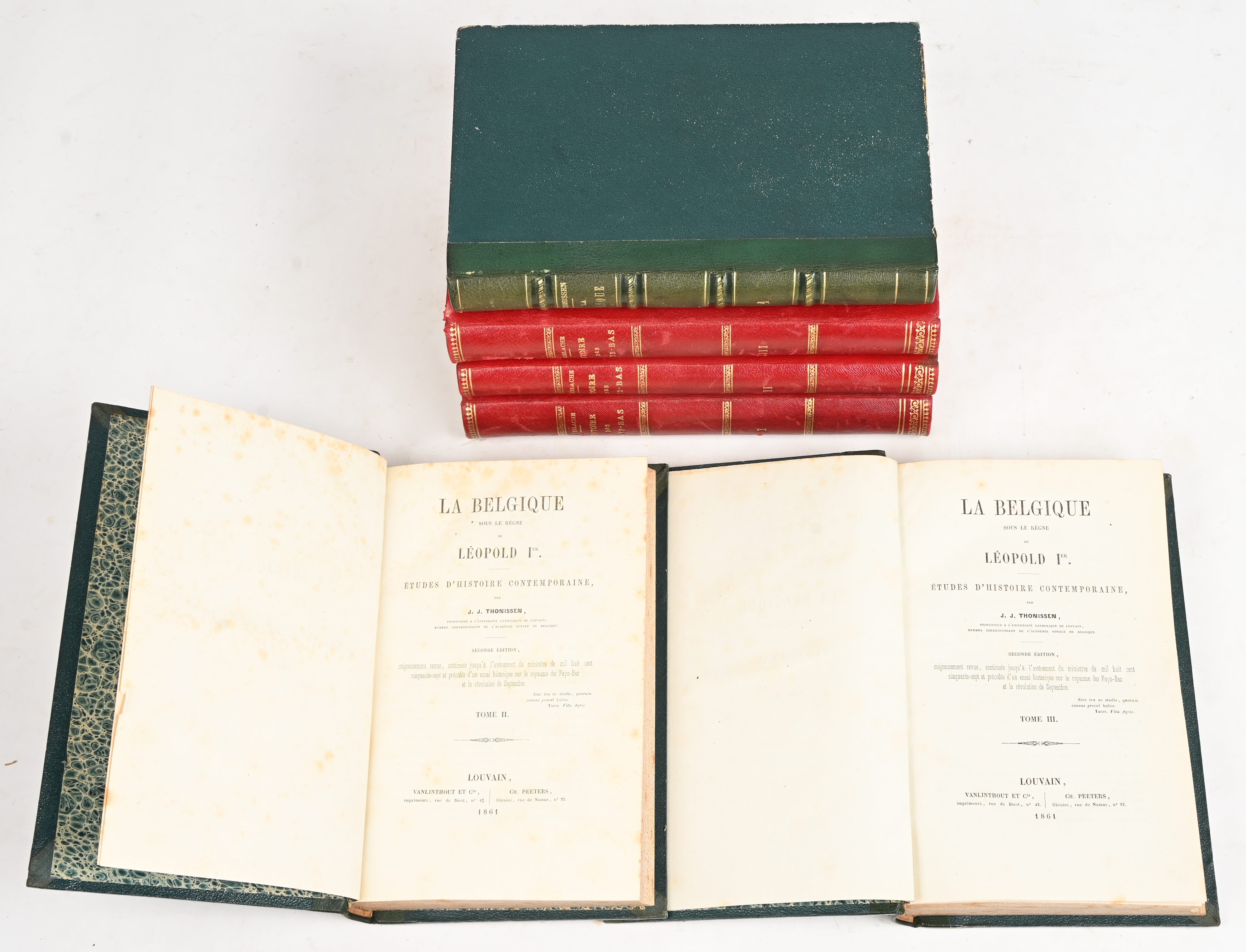 ‘La Belgique sous le règne de Léopold I’, 3 delen. Door J.J. Thonissen. Uitgegeven in Leuven, 1861. Histoire du Royaume Des Pays-Bas’, 3 delen. Door E. De Gerlache. Uitgegeven in Brussel, 1842. Met kaart ‘La Belgique sous le règne de Léopold I’, 3 delen. Door J.J. Thonissen. Uitgegeven in Leuven, 1861. Histoire du Royaume Des Pays-Bas’, 3 delen. Door E. De Gerlache. Uitgegeven in Brussel, 1842. Met kaart.