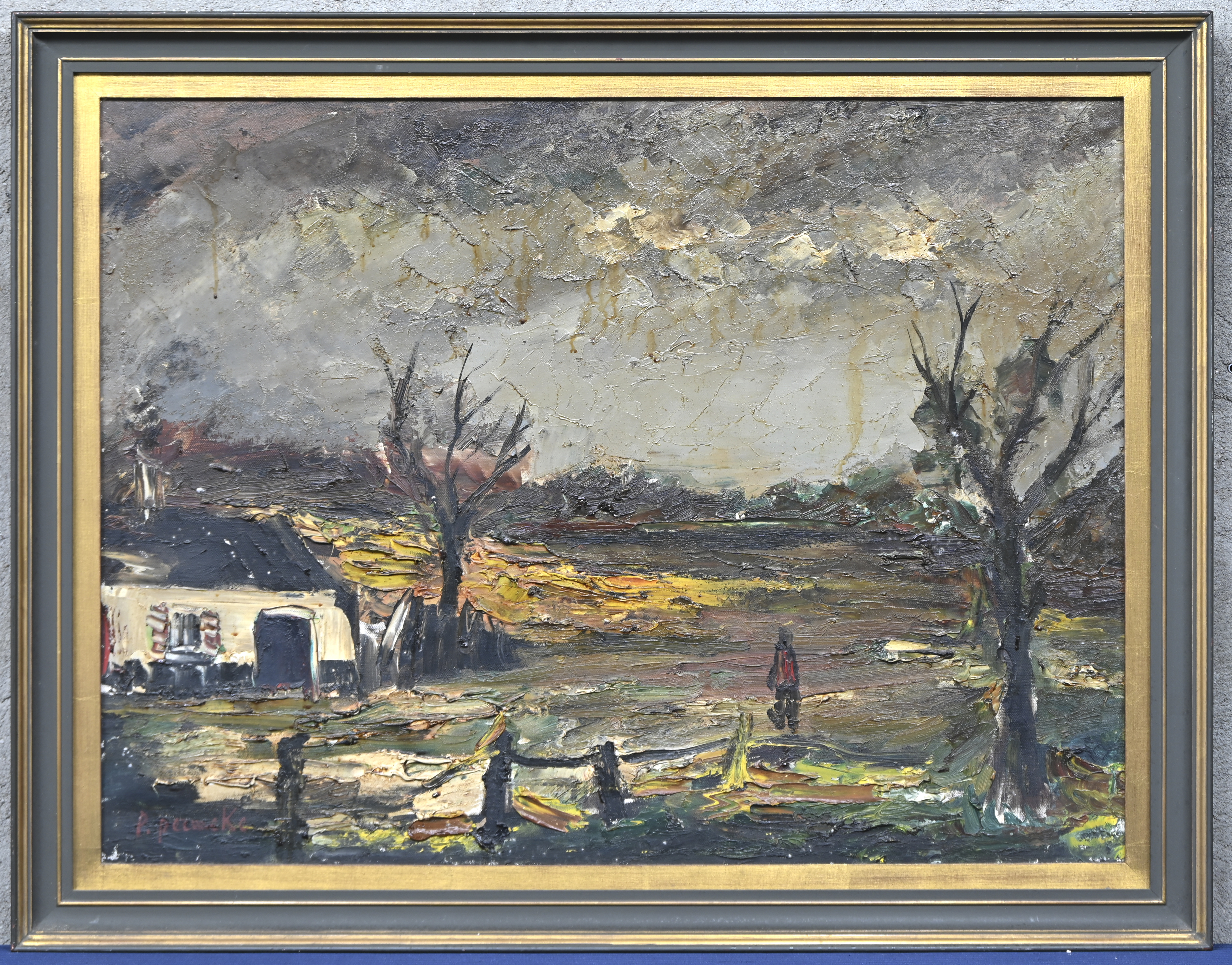 “Landschap met boerenhoeve (Westkapelle)”, een schilderij, olieverf op doek, gesigneerd P. Permeke “Landschap met boerenhoeve (Westkapelle)”, een schilderij, olieverf op doek, gesigneerd P. Permeke.