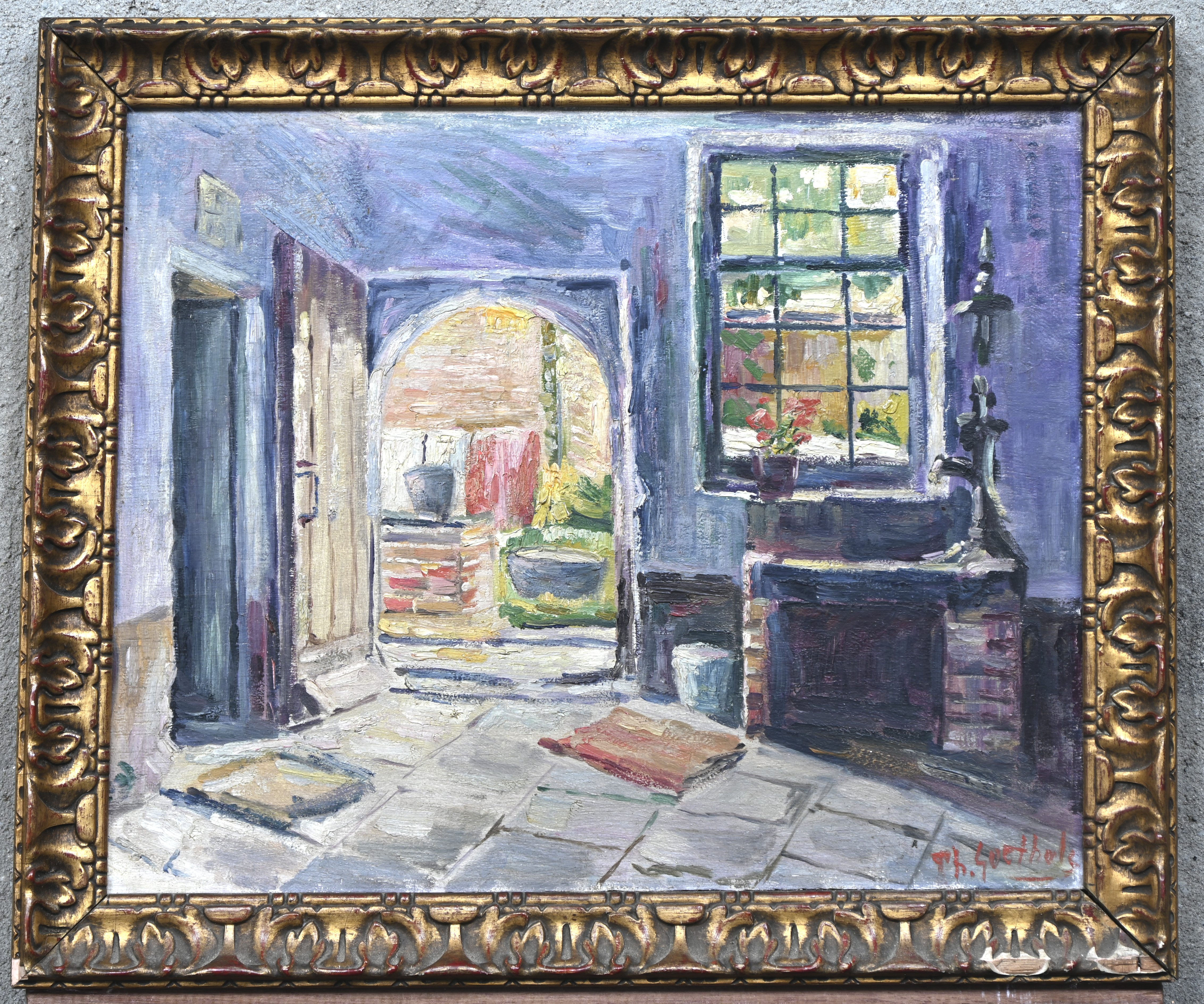 ‘Interieur’, een impresionistisch olieverfschilderij op paneel. Gesigneerd ‘Interieur’, een impresionistisch olieverfschilderij op paneel. Gesigneerd.