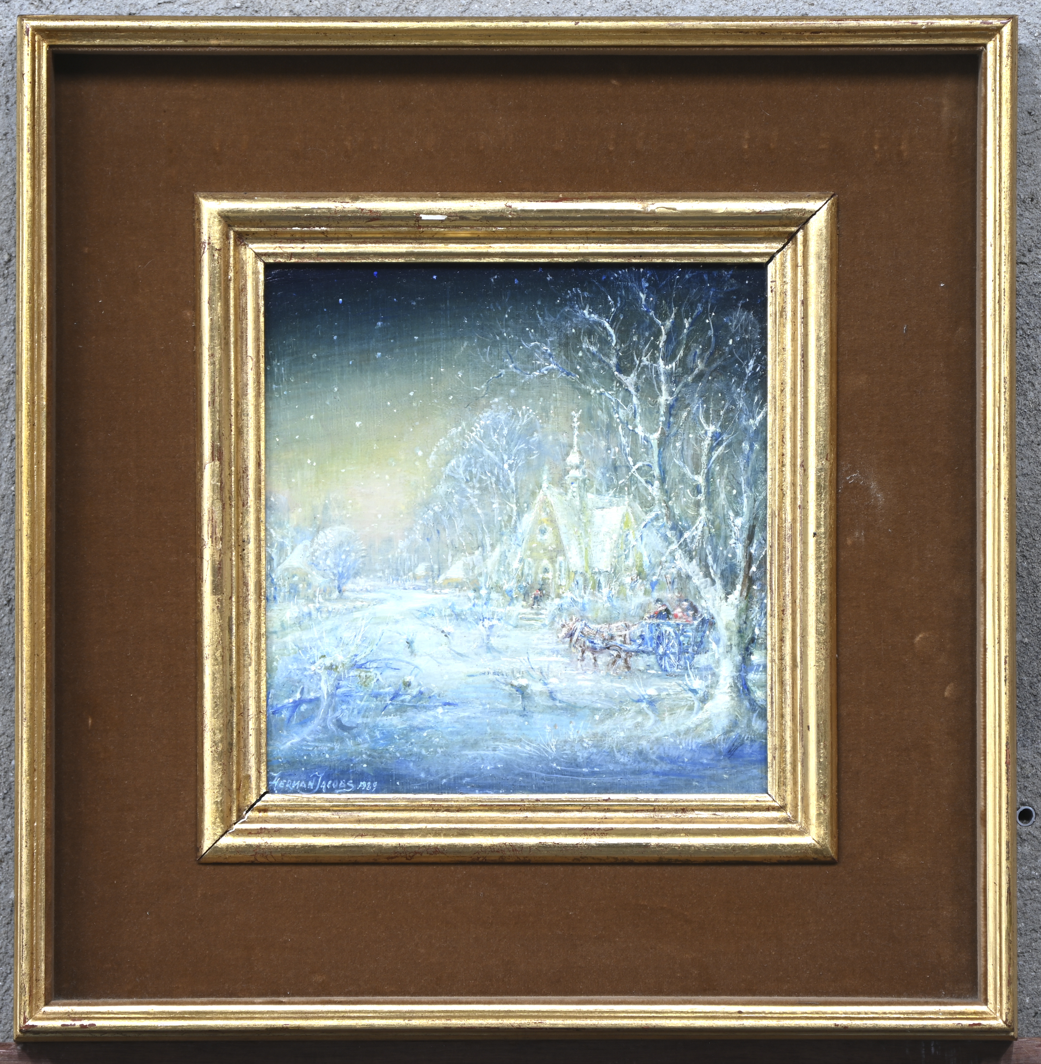 ‘Sneeuw op ons Gehuchtje Terbeke’, een olieverfschilderij op paneel. Gesigneerd ‘Sneeuw op ons Gehuchtje Terbeke’, een olieverfschilderij op paneel. Gesigneerd.