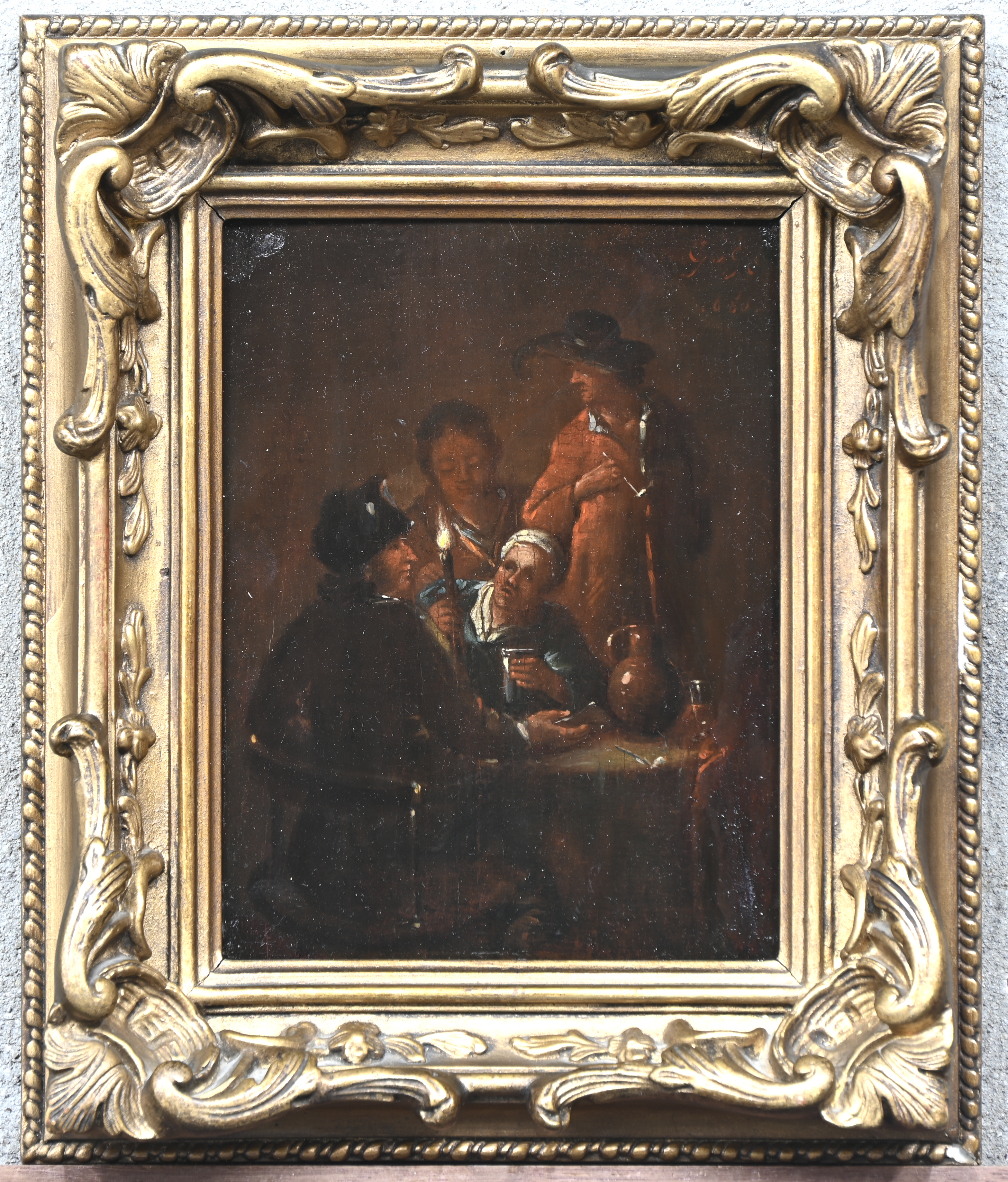 ‘In de Herberg’, een olieverfschilderij op paneel. Vlaamse school, mogelijk 18e eeuw. Niet gesigneerd ‘In de Herberg’, een olieverfschilderij op paneel. Vlaamse school, mogelijk 18e eeuw. Niet gesigneerd.