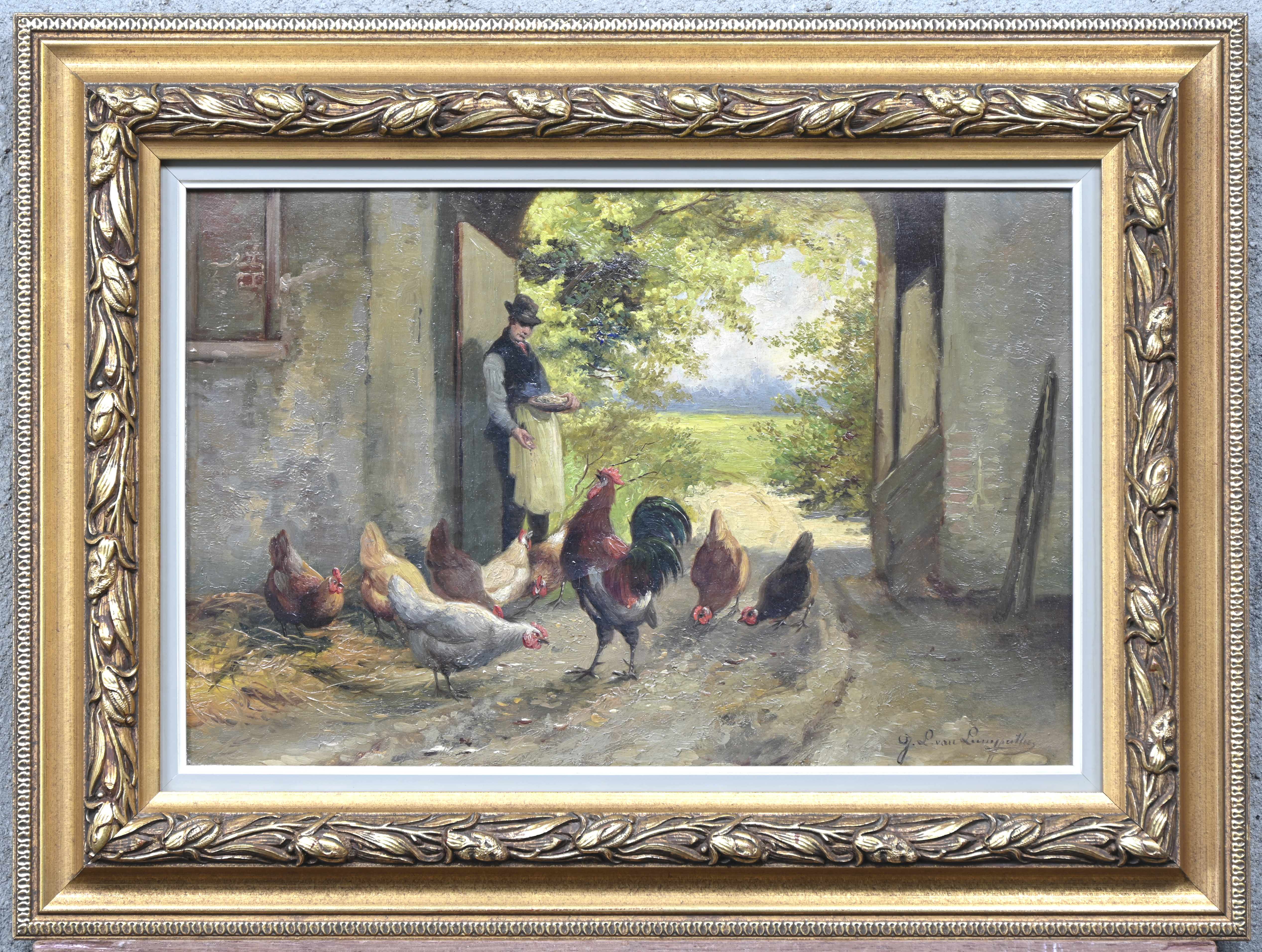 Neerhofscène met kippen, een olieverfschilderij op doek. Gesigneerd Neerhofscène met kippen, een olieverfschilderij op doek. Gesigneerd.