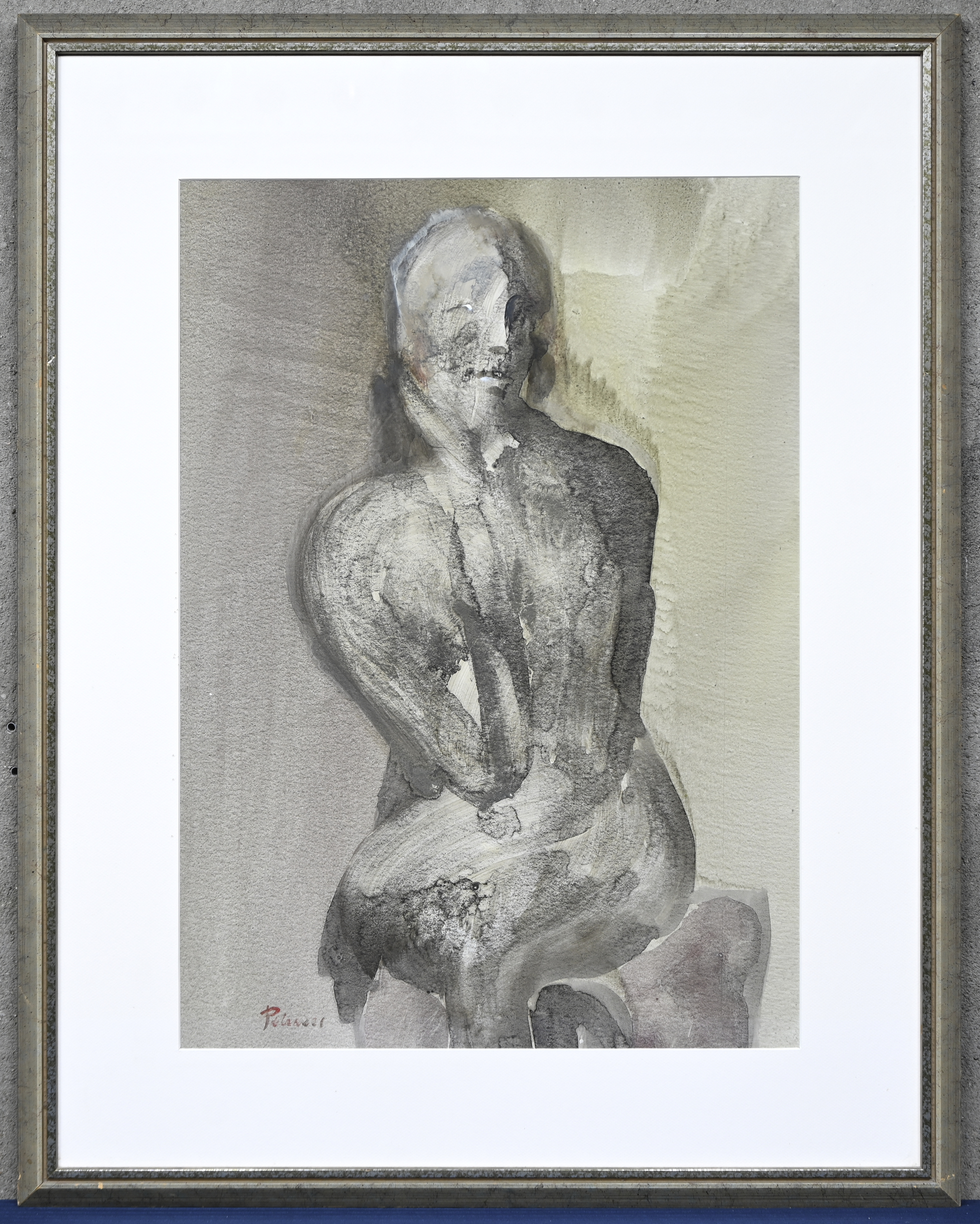 “Zittend naakt”. Een schilderij, gemengde techniek op papier. Onderaan gesigneerd “Zittend naakt”. Een schilderij, gemengde techniek op papier. Onderaan gesigneerd.