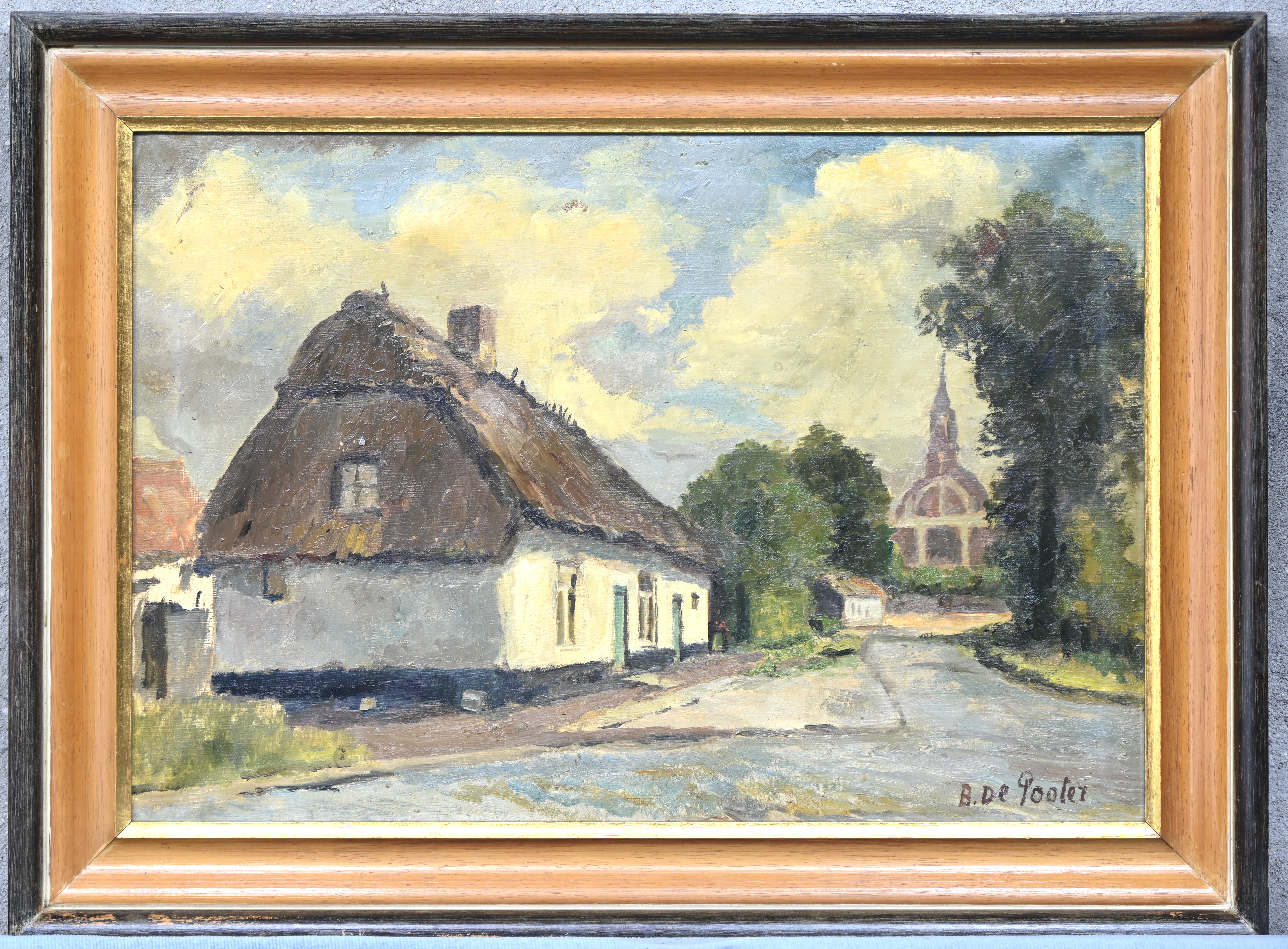 ‘De Hoeve Van Jelie’. Olieverf op doek getekend; B. De Pooter. Kleine schade aan het doek ‘De Hoeve Van Jelie’. Olieverf op doek getekend; B. De Pooter. Kleine schade aan het doek.