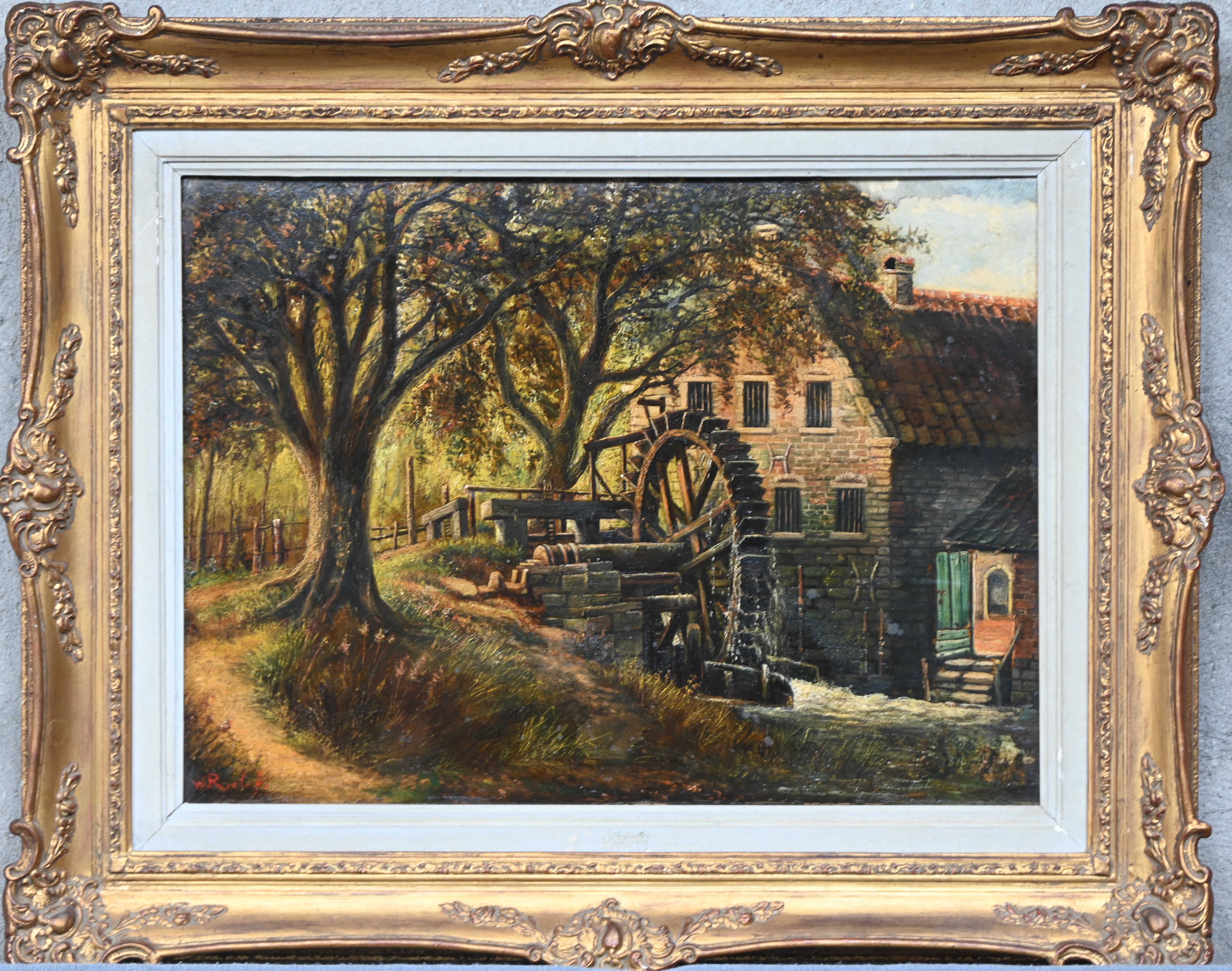 ‘Vieux Moulin a Huldenberg’. Olieverf op paneel. Getekend W. Roelofs ‘Vieux Moulin a Huldenberg’. Olieverf op paneel. Getekend W. Roelofs.