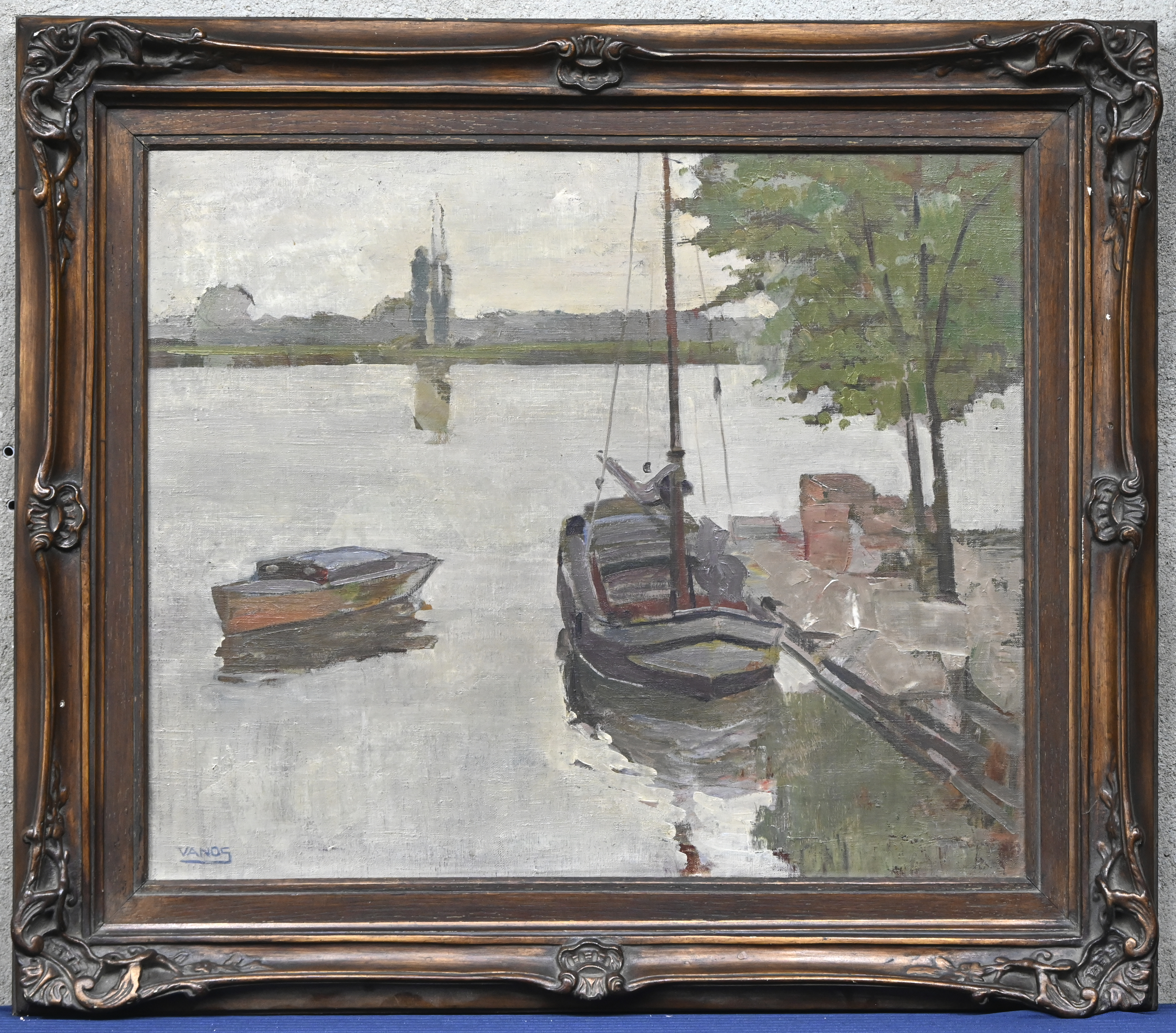 “Zicht op de Schelde”, een schilderij, olieverf op doek, gesigneerd “Zicht op de Schelde”, een schilderij, olieverf op doek, gesigneerd.