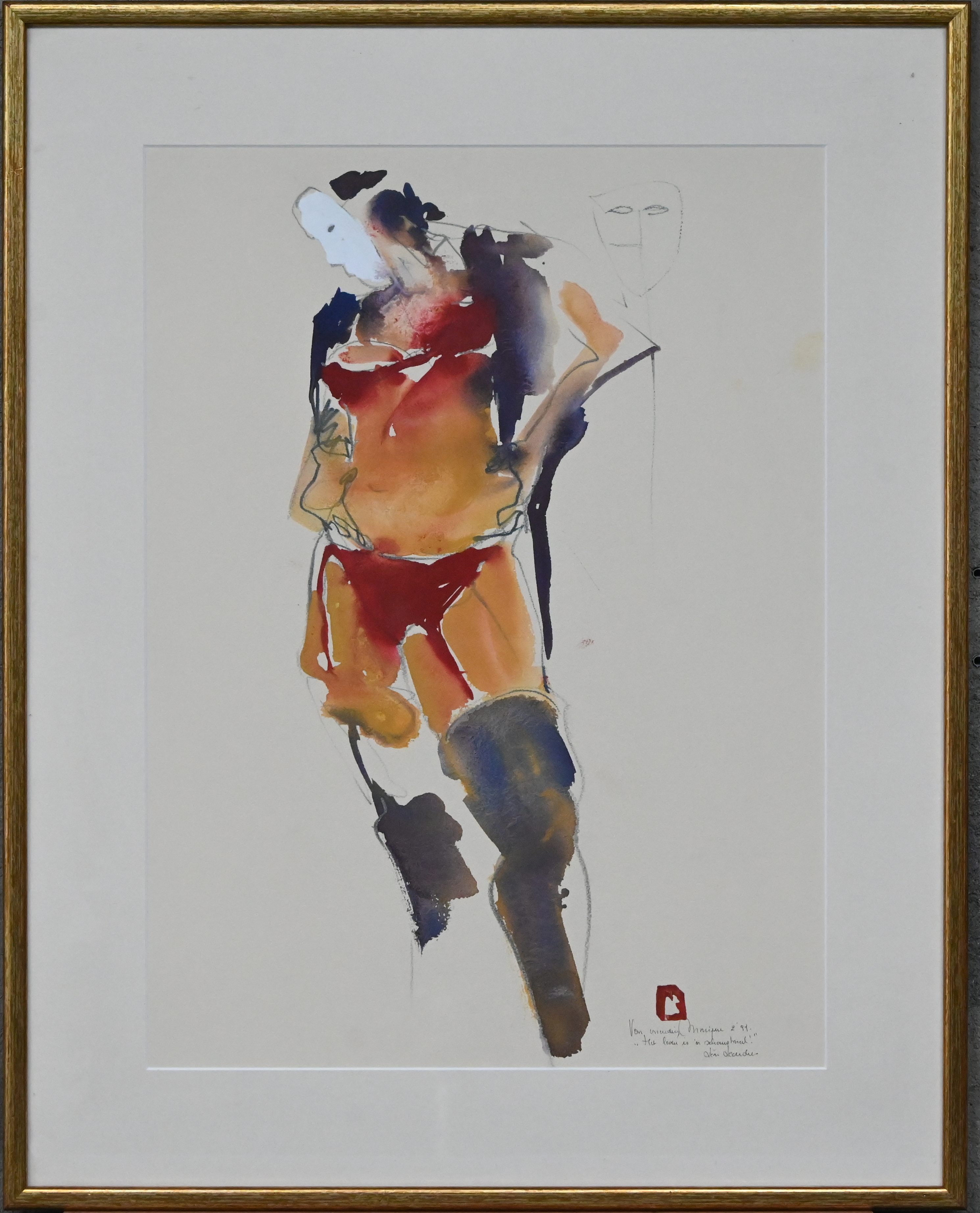 ‘Staande figuur met masker’, gemengde techniek op papier. Getekend met opdracht, Léon Leenders ‘99 ‘Staande figuur met masker’, gemengde techniek op papier. Getekend met opdracht, Léon Leenders ‘99.