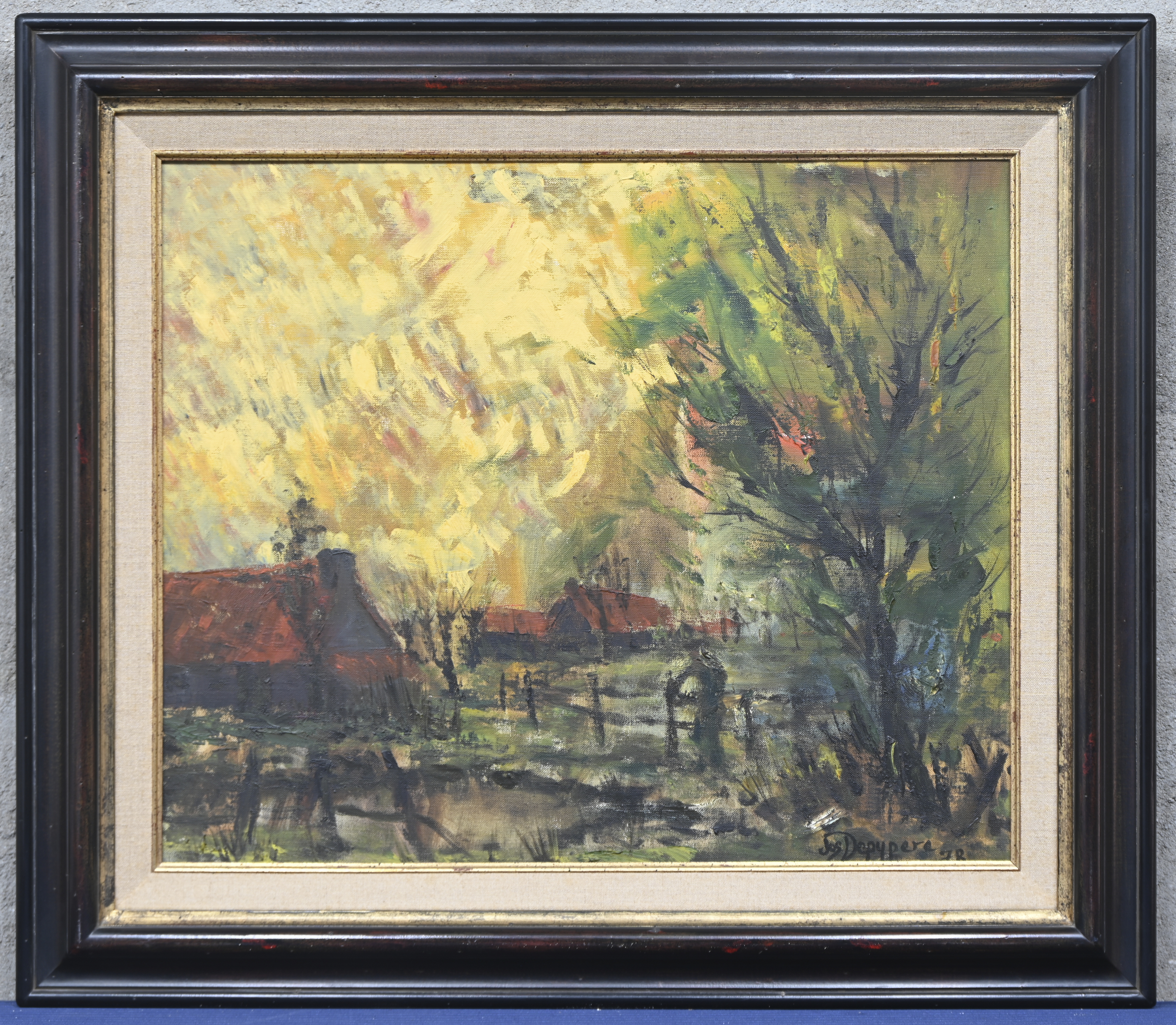 ‘Landschap met hoeve’, een impressionistisch olieverfschilderij op doek. Getekend Jos Depypere ‘Landschap met hoeve’, een impressionistisch olieverfschilderij op doek. Getekend Jos Depypere.