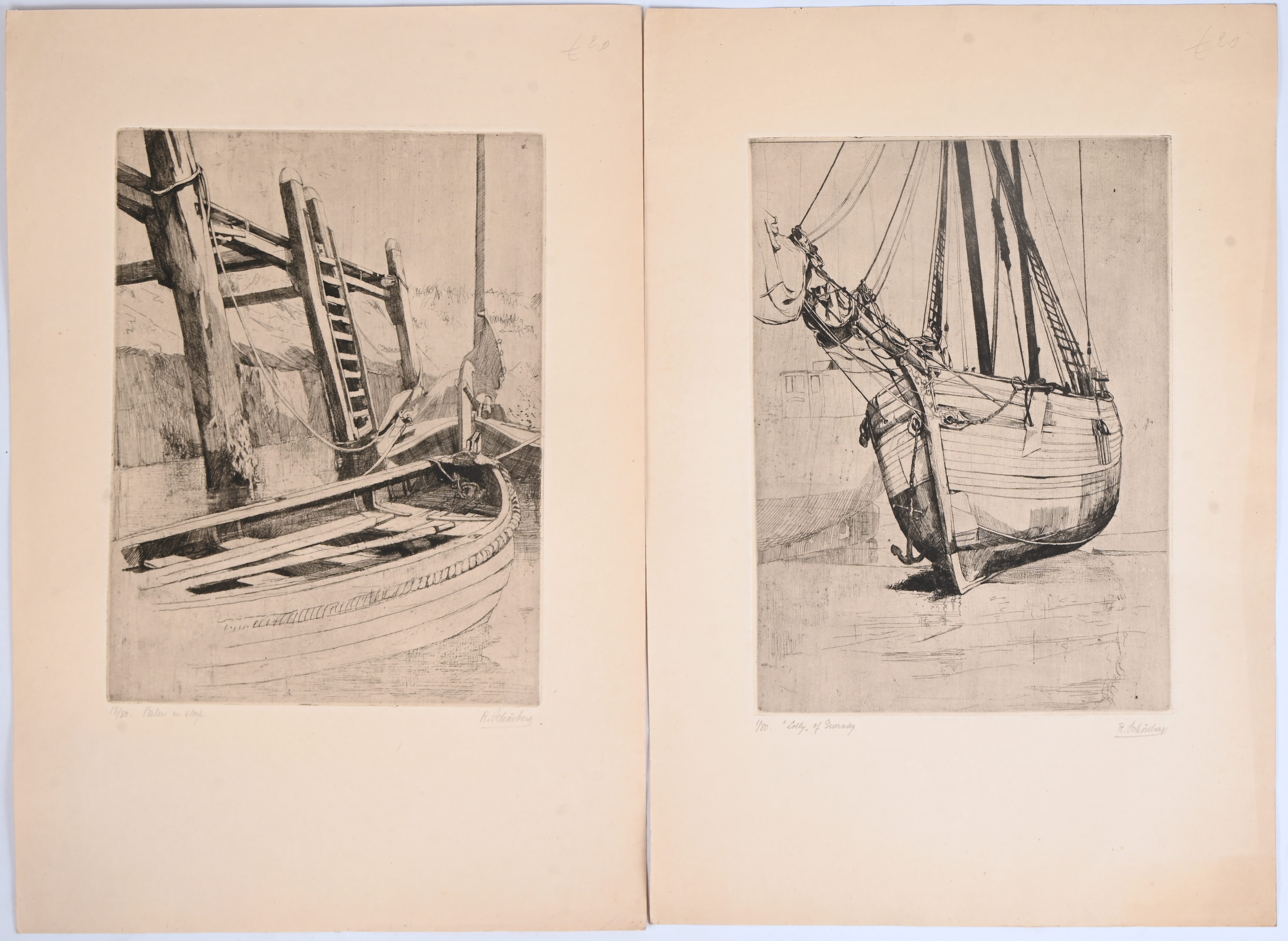 ‘Lolly of Guernsey’ & ‘Palen en sloep’, twee monochrome etsen. Getekend R. Schönberg. Zonder lijst ‘Lolly of Guernsey’ & ‘Palen en sloep’, twee monochrome etsen. Getekend R. Schönberg. Zonder lijst.