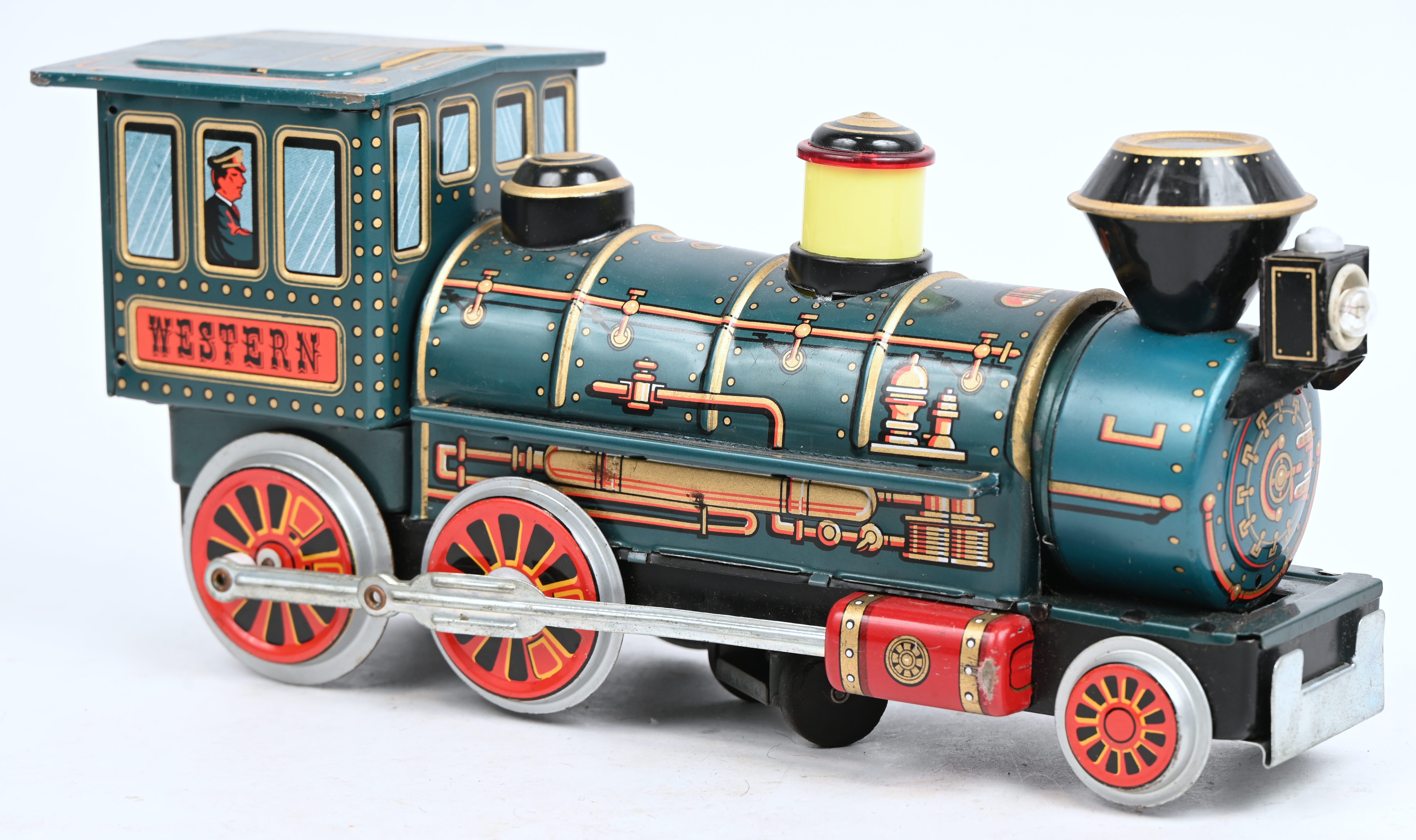Vintage blikken Western MT Trademark modeltrein op batterijen, made in Japan Vintage blikken Western MT Trademark modeltrein op batterijen, made in Japan.
