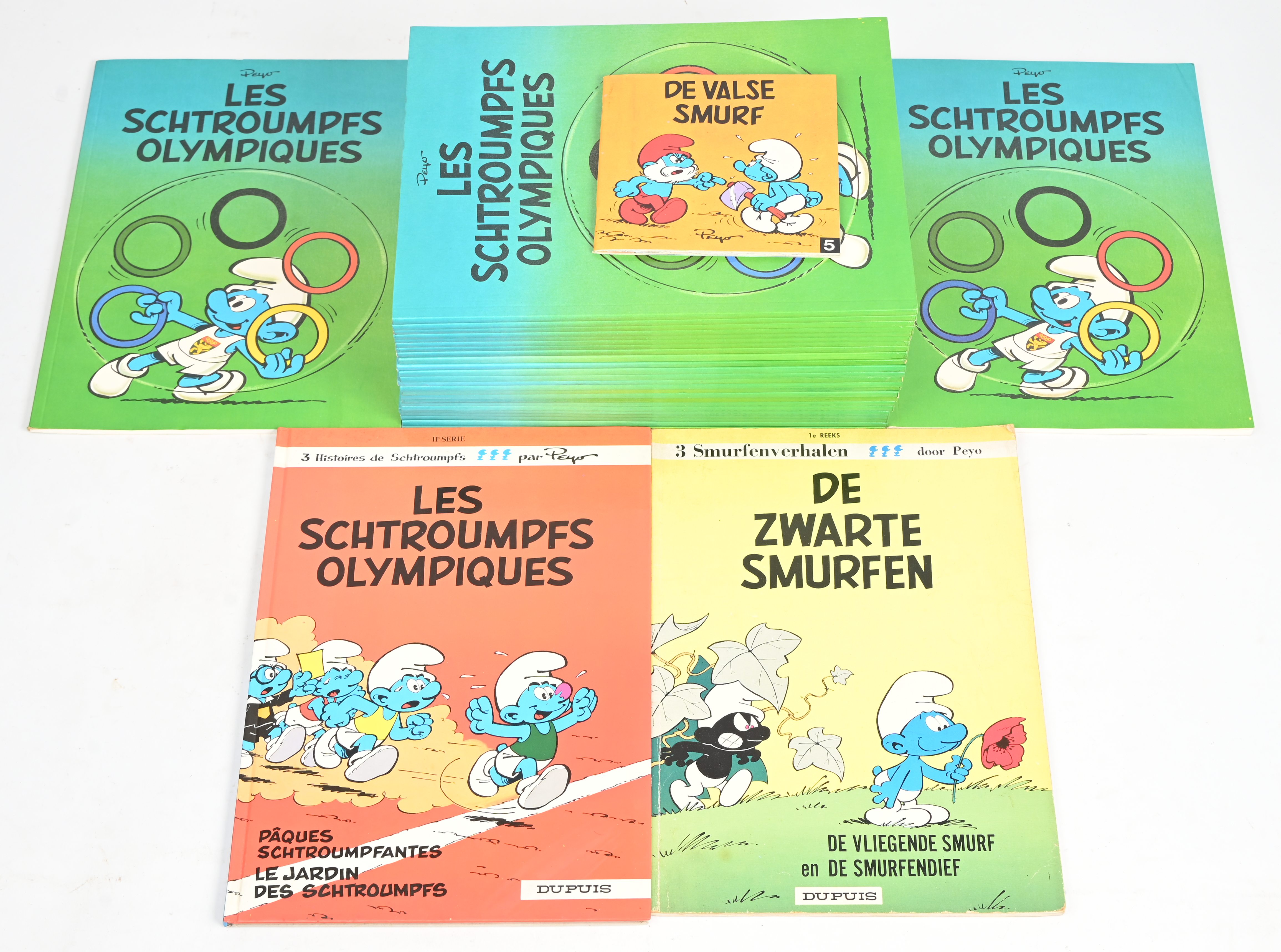 Ed. Dupuis, De Zwarte Smurfen (S.C., 1975), De Valse Smurf (mini, 1982), Les Schtroumpfs Olympiques (H.C. 1983). Ed. Publiart 1979, De Olympische Smurfen (16 x) en Les Schtroumpfs Olympiques (10 x), S.C. voor de Coca Cola Cie en het Nat. Olympisch Comité Ed. Dupuis, De Zwarte Smurfen (S.C., 1975), De Valse Smurf (mini, 1982), Les Schtroumpfs Olympiques (H.C. 1983). Ed. Publiart 1979, De Olympische Smurfen (16 x) en Les Schtroumpfs Olympiques (10 x), S.C. voor de Coca Cola Cie en het Nat. Olympisch Comité.