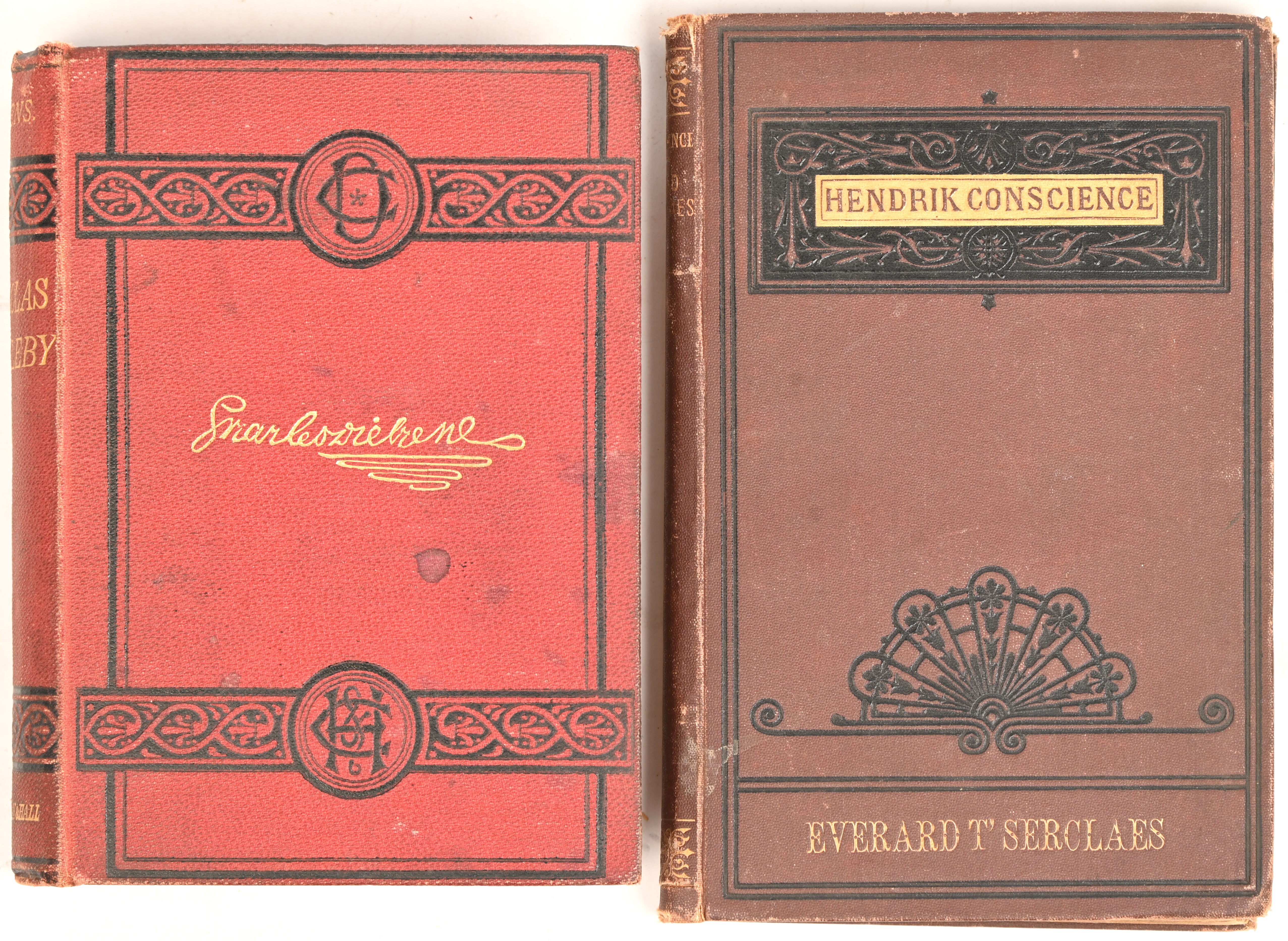 Twee 19e eeuwse boeken: Nicholas Nickleby door Charles Dickens en Everard T’Serclaes door Hendrik Conscience Twee 19e eeuwse boeken: Nicholas Nickleby door Charles Dickens en Everard T’Serclaes door Hendrik Conscience.