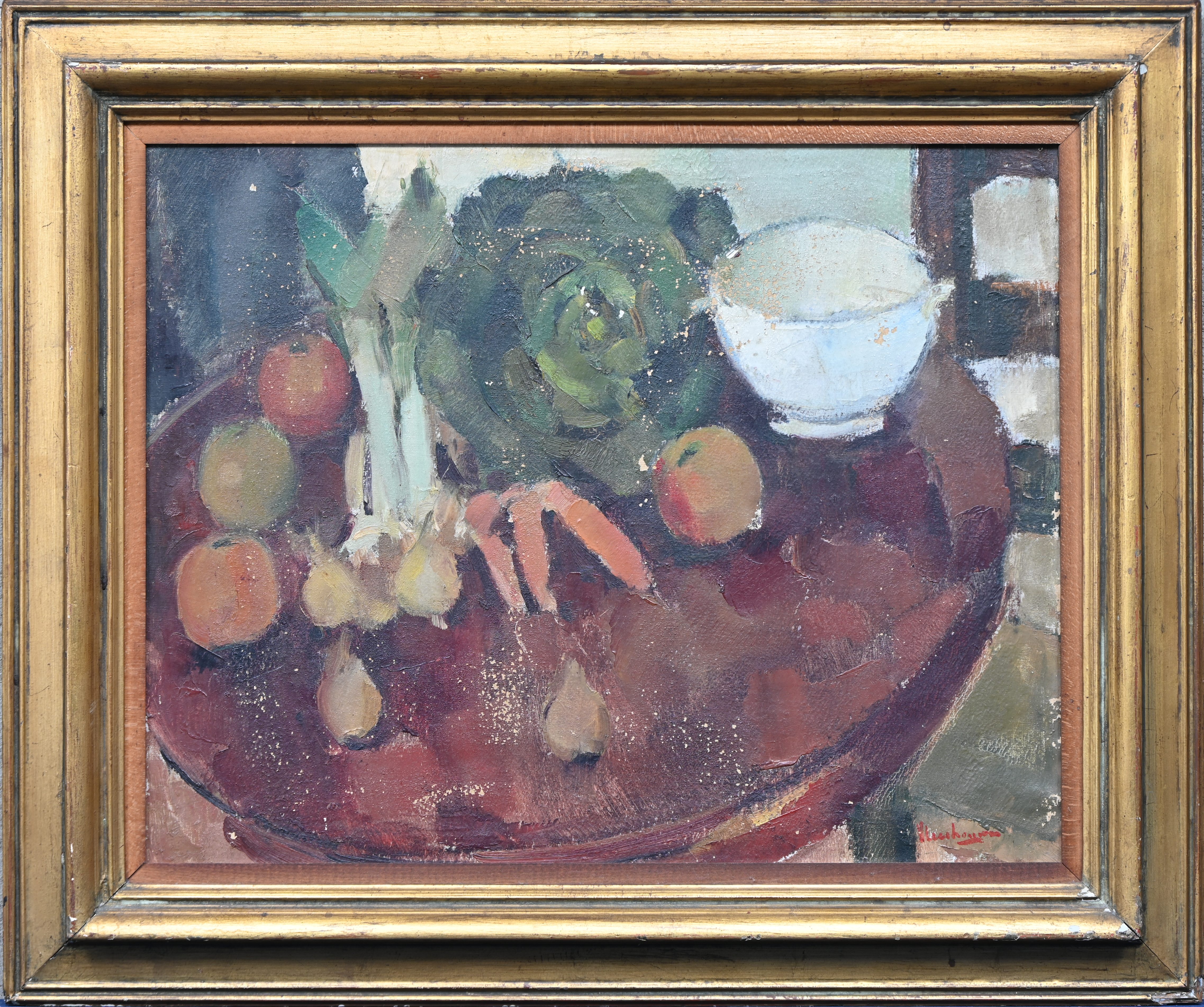 ‘Stilleven met soepgroenten’, een impressionistisch olieverfschilderij op doek. Gesigneerd, met schade aan de verflaag ‘Stilleven met soepgroenten’, een impressionistisch olieverfschilderij op doek. Gesigneerd, met schade aan de verflaag.