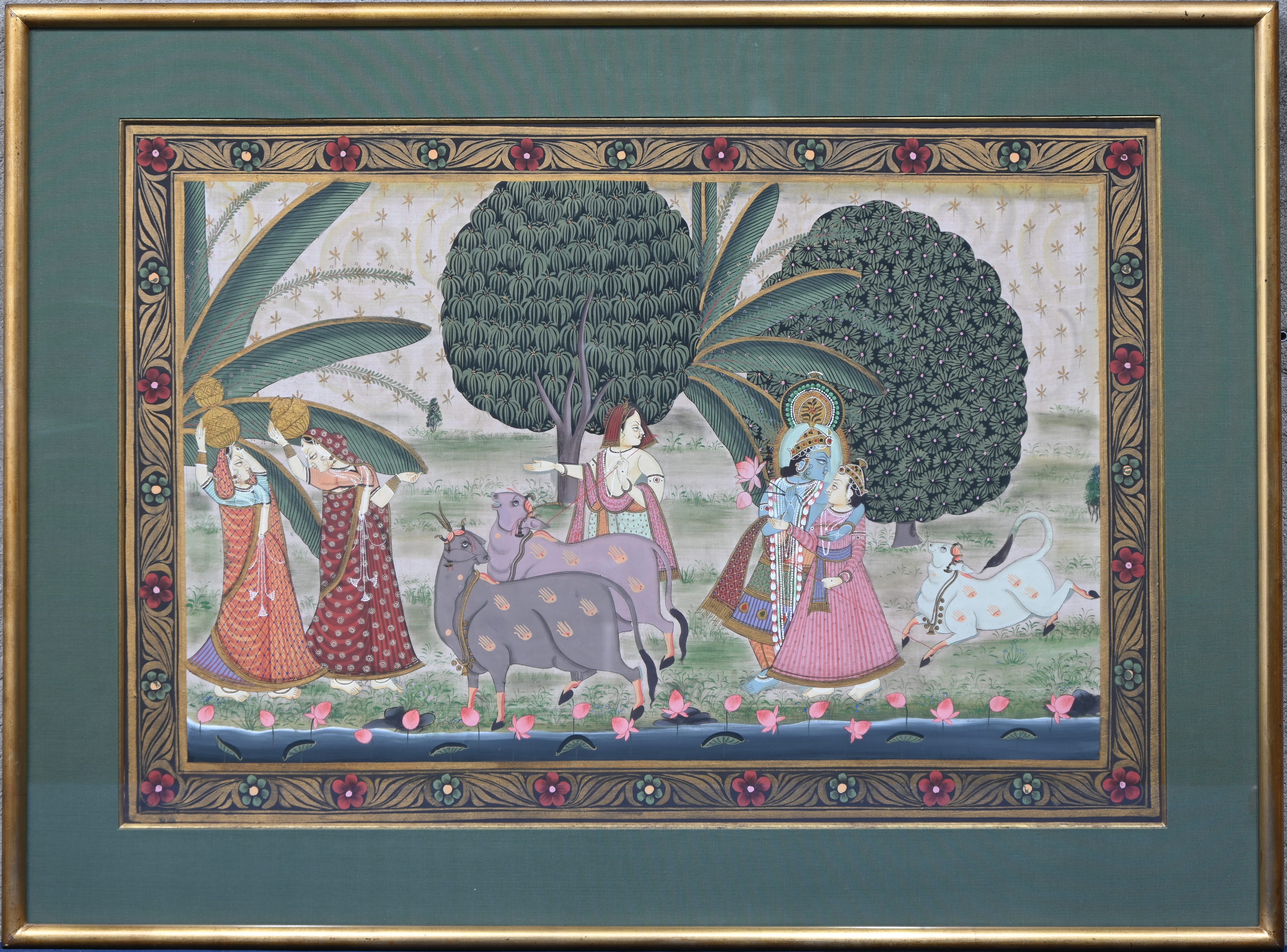 Krishna en Radha omringd door aanbidders en heilige koeien, op zijde geschilderd Krishna en Radha omringd door aanbidders en heilige koeien, op zijde geschilderd.