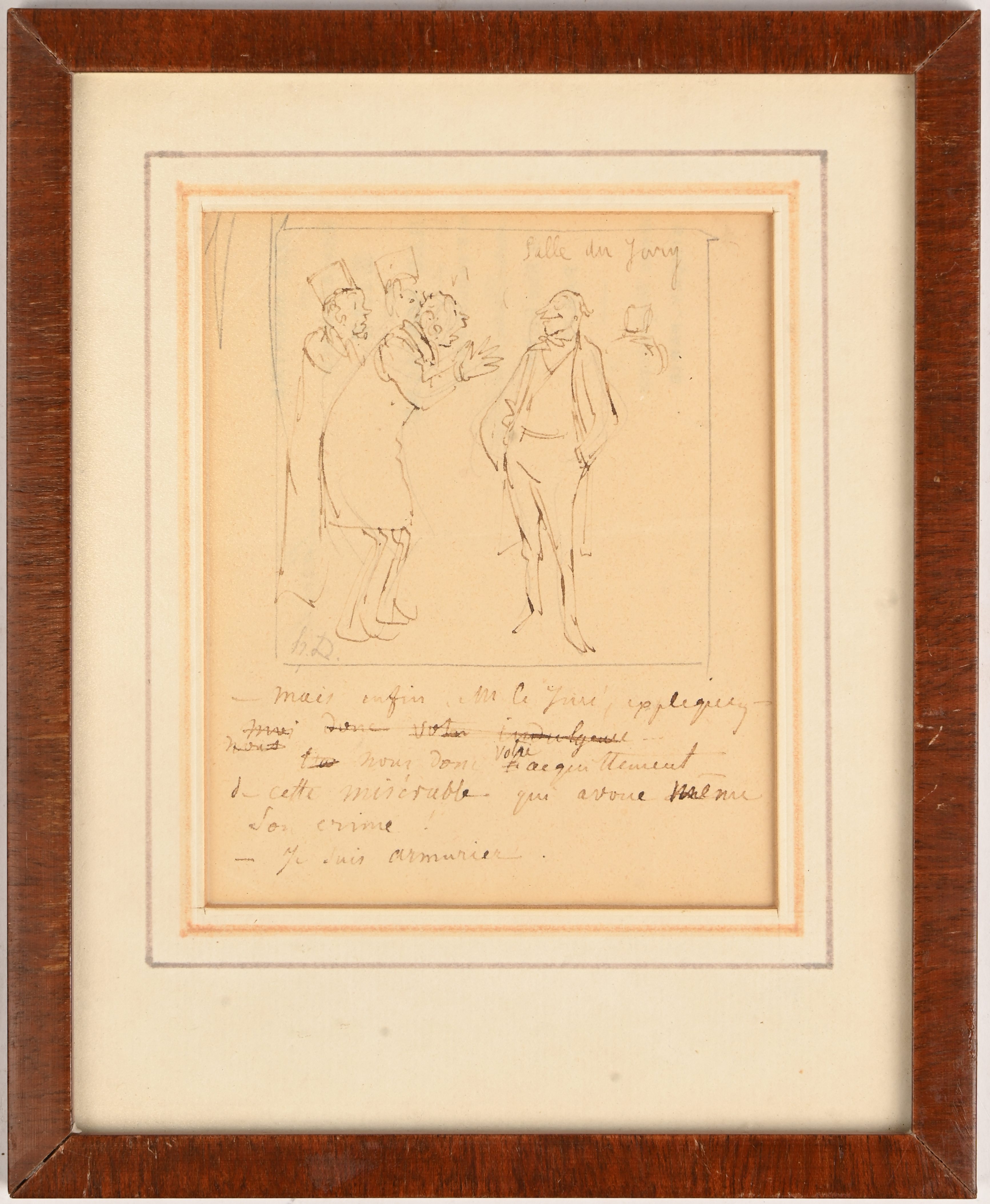 ‘Salle du Jury’, een bistertekening op papier. Getekend met monogram H.D., toegeschreven aan Honoré Daumier ‘Salle du Jury’, een bistertekening op papier. Getekend met monogram H.D., toegeschreven aan Honoré Daumier.