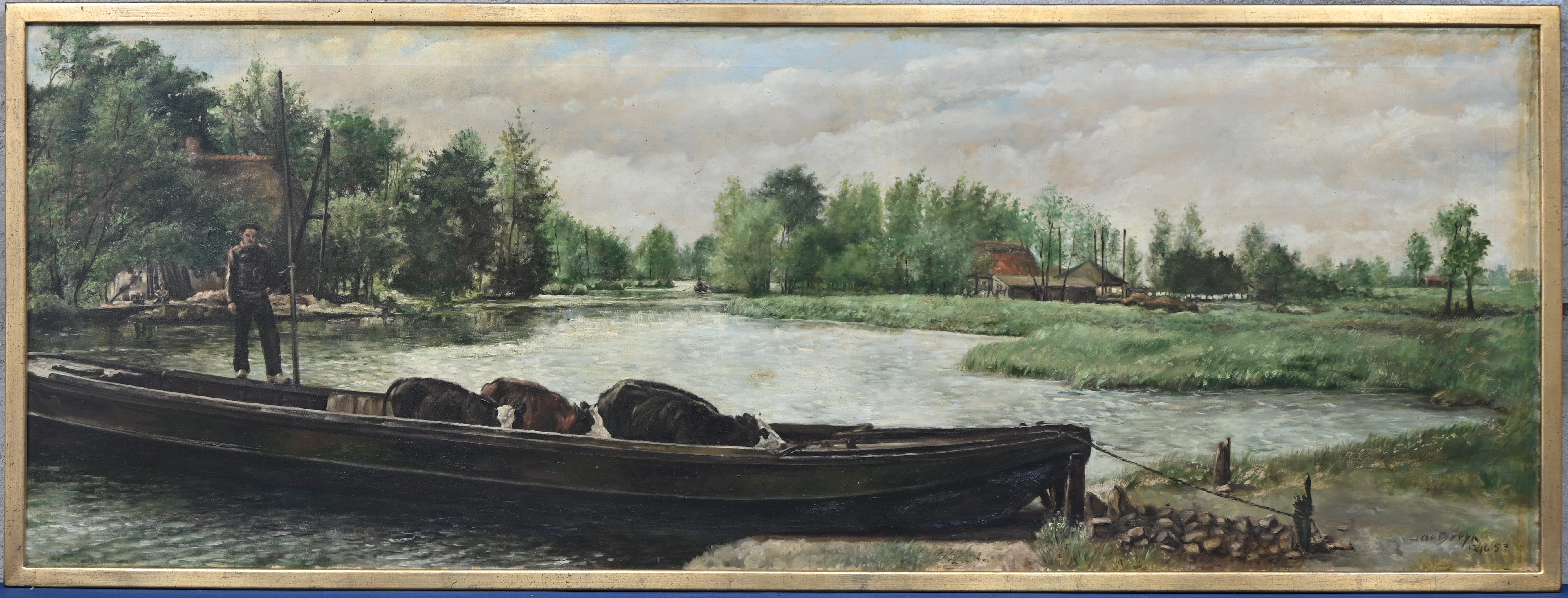 “Boer met koeien in een sloep”, een schilderij, olieverf op doek, gesigneerd J. De Bruyn en gedateerd 1957 “Boer met koeien in een sloep”, een schilderij, olieverf op doek, gesigneerd J. De Bruyn en gedateerd 1957.