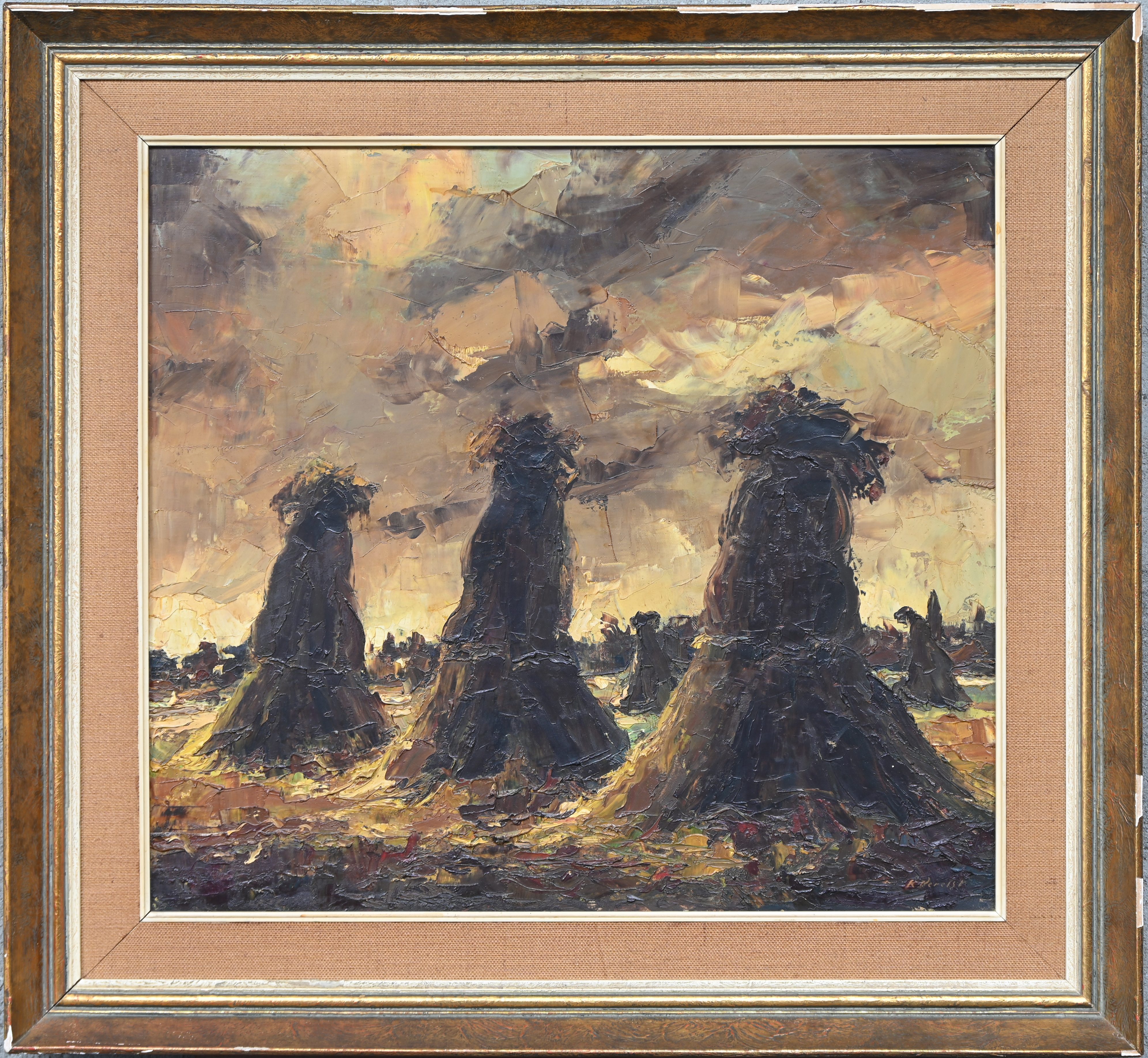 ‘Landschap met hooischoven’, een impressionistisch olieverfschilderij op doek. Gesigneerd, met kleine perforatie van het doek ‘Landschap met hooischoven’, een impressionistisch olieverfschilderij op doek. Gesigneerd, met kleine perforatie van het doek.