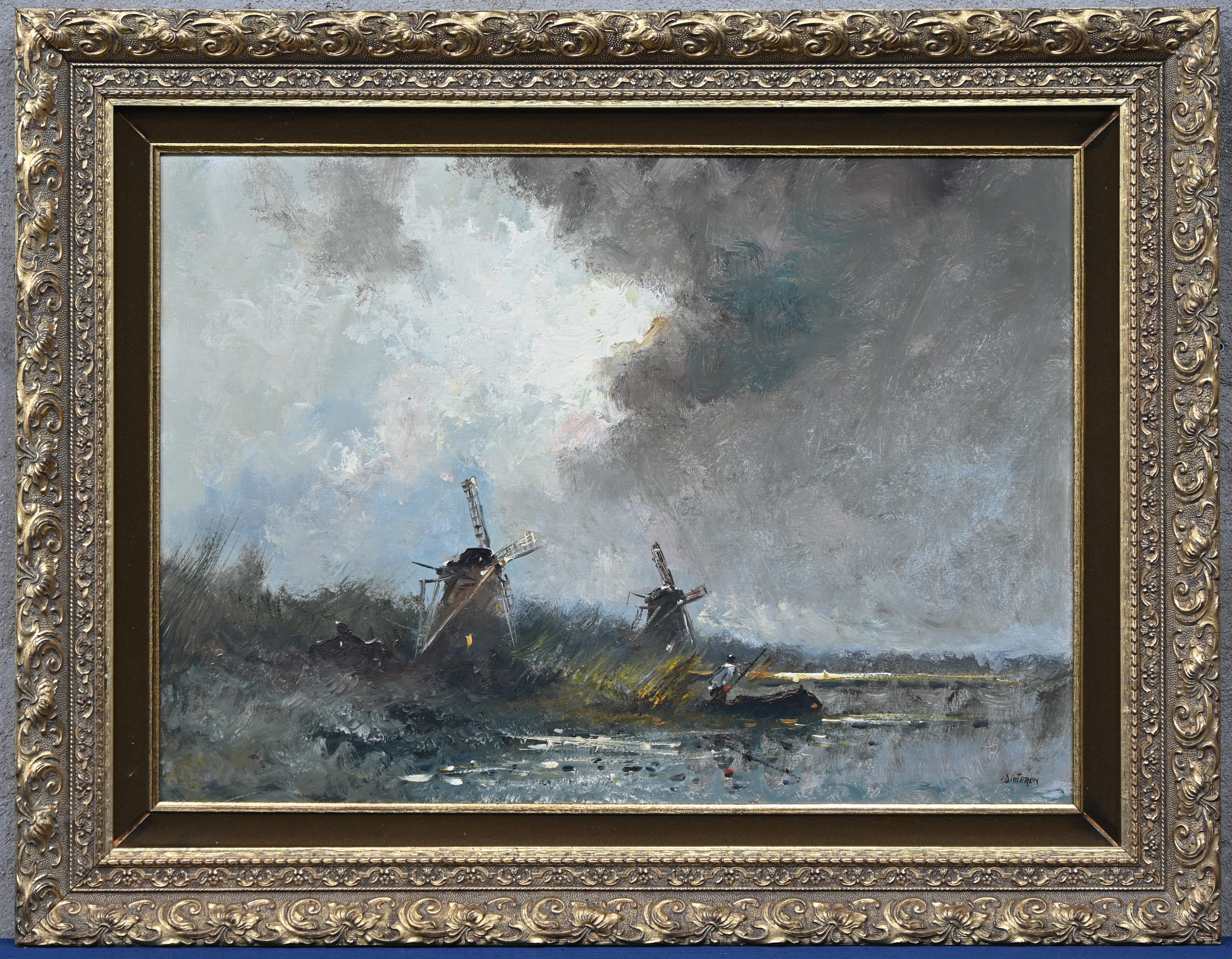 ‘Polderlandschap met windmolens’, een olieverfschilderij op paneel. Gesigneerd ‘Polderlandschap met windmolens’, een olieverfschilderij op paneel. Gesigneerd.