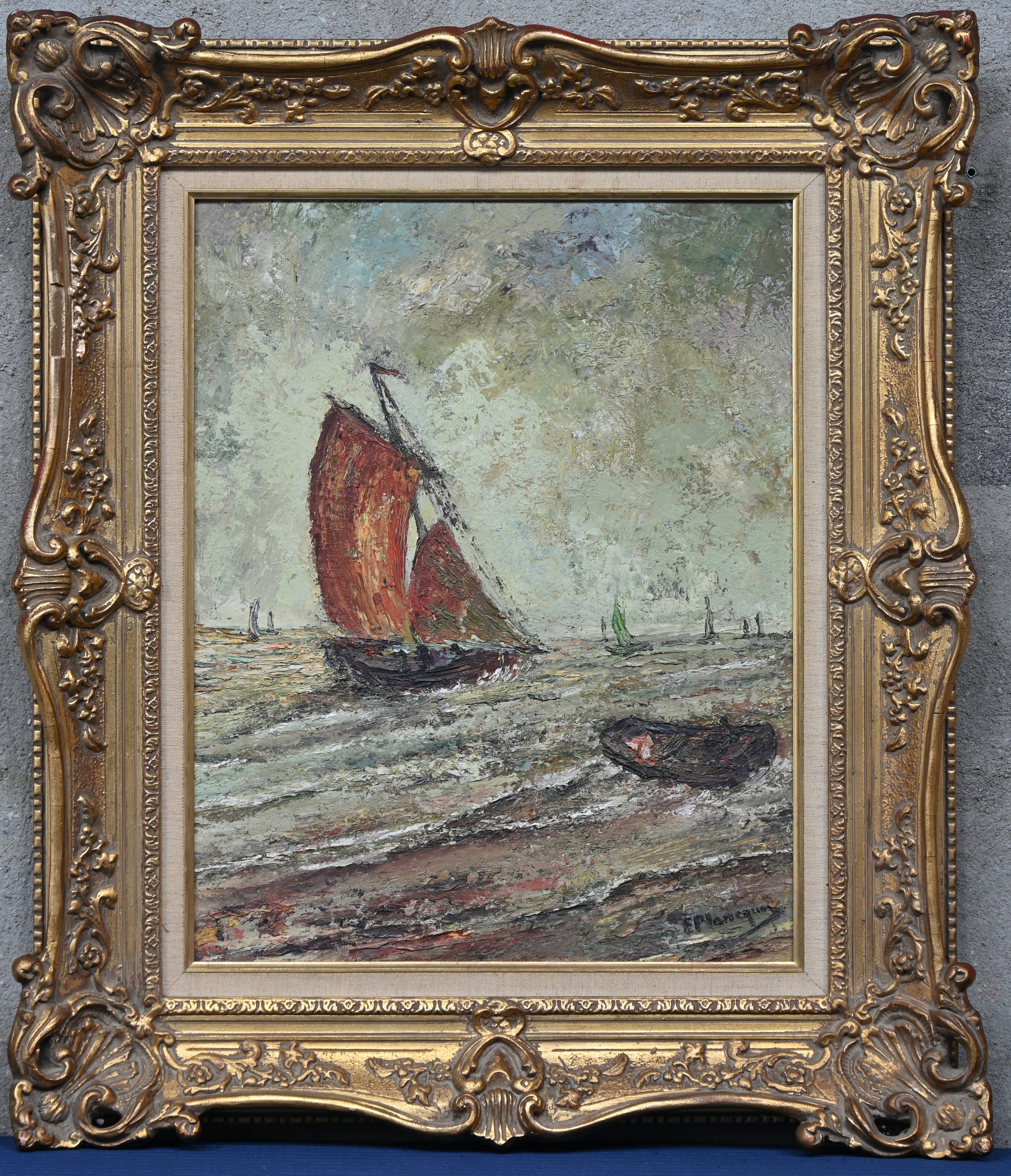 “Marine”, een schilderij, olieverf op paneel in vergulde kader, gesigneerd “Marine”, een schilderij, olieverf op paneel in vergulde kader, gesigneerd.