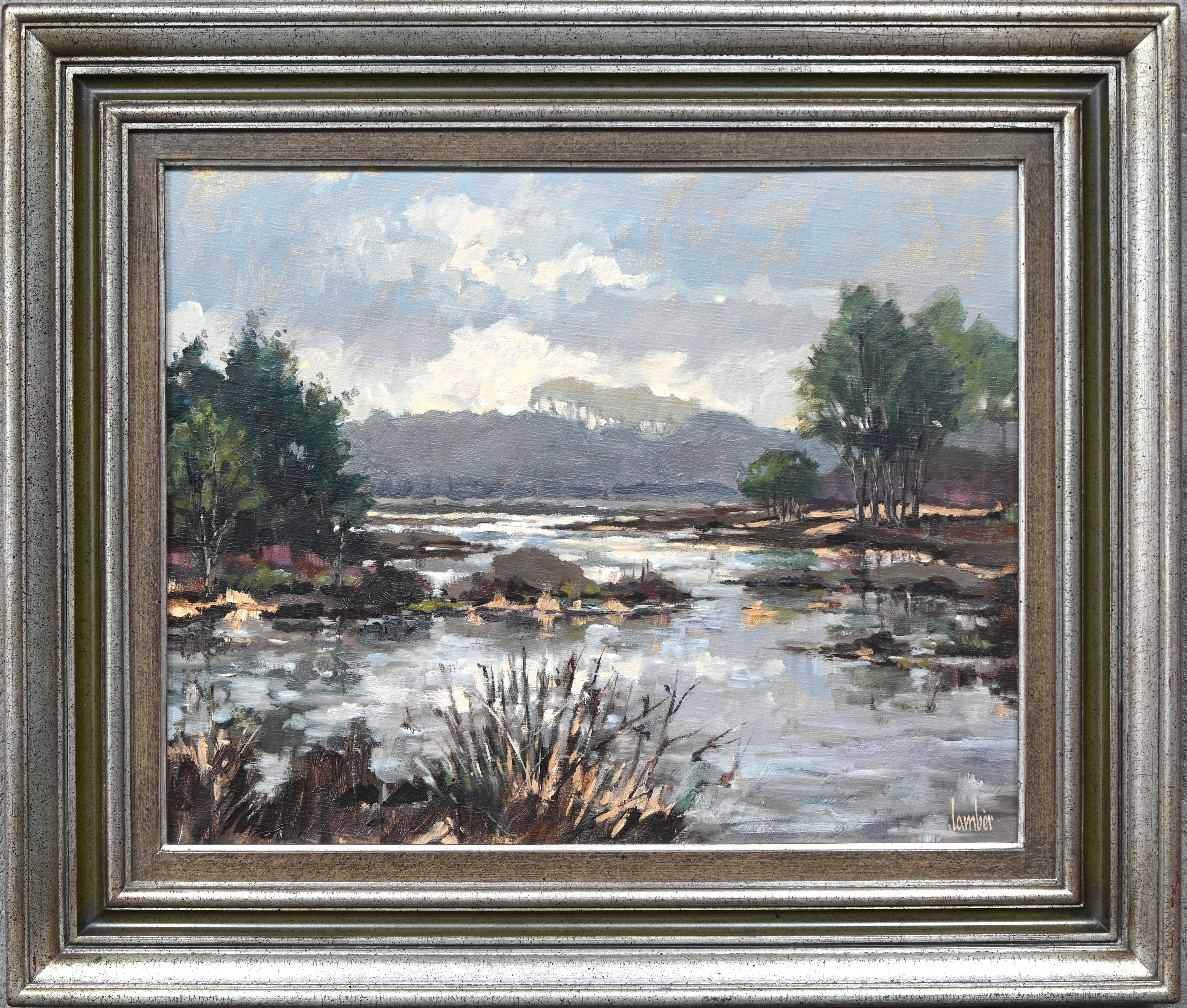 ‘Venlandschap’, een olieverfschilderij op doek. Gesigneerd ‘Lambèr’ ‘Venlandschap’, een olieverfschilderij op doek. Gesigneerd ‘Lambèr’.