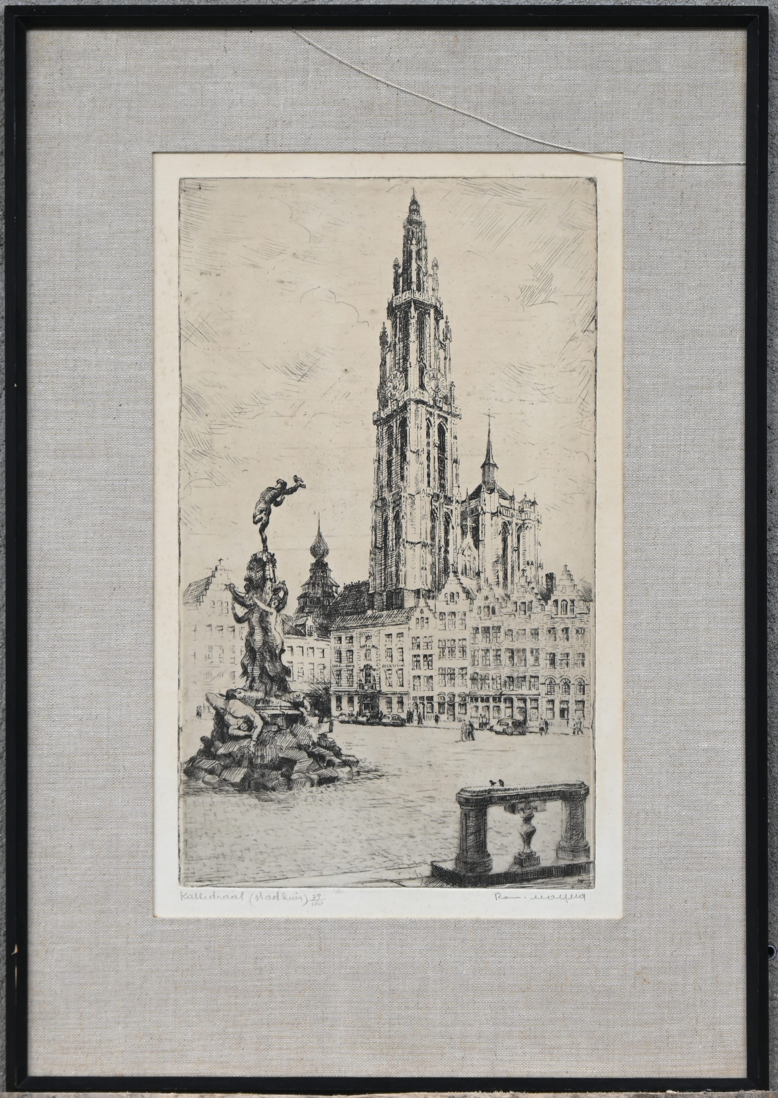‘Kathedraal (stadhuis)’, een monochrome ets. Gesigneerd, nr. 39 uit een oplage van 100 exemplaren. Het glas is gebarsten ‘Kathedraal (stadhuis)’, een monochrome ets. Gesigneerd, nr. 39 uit een oplage van 100 exemplaren. Het glas is gebarsten.