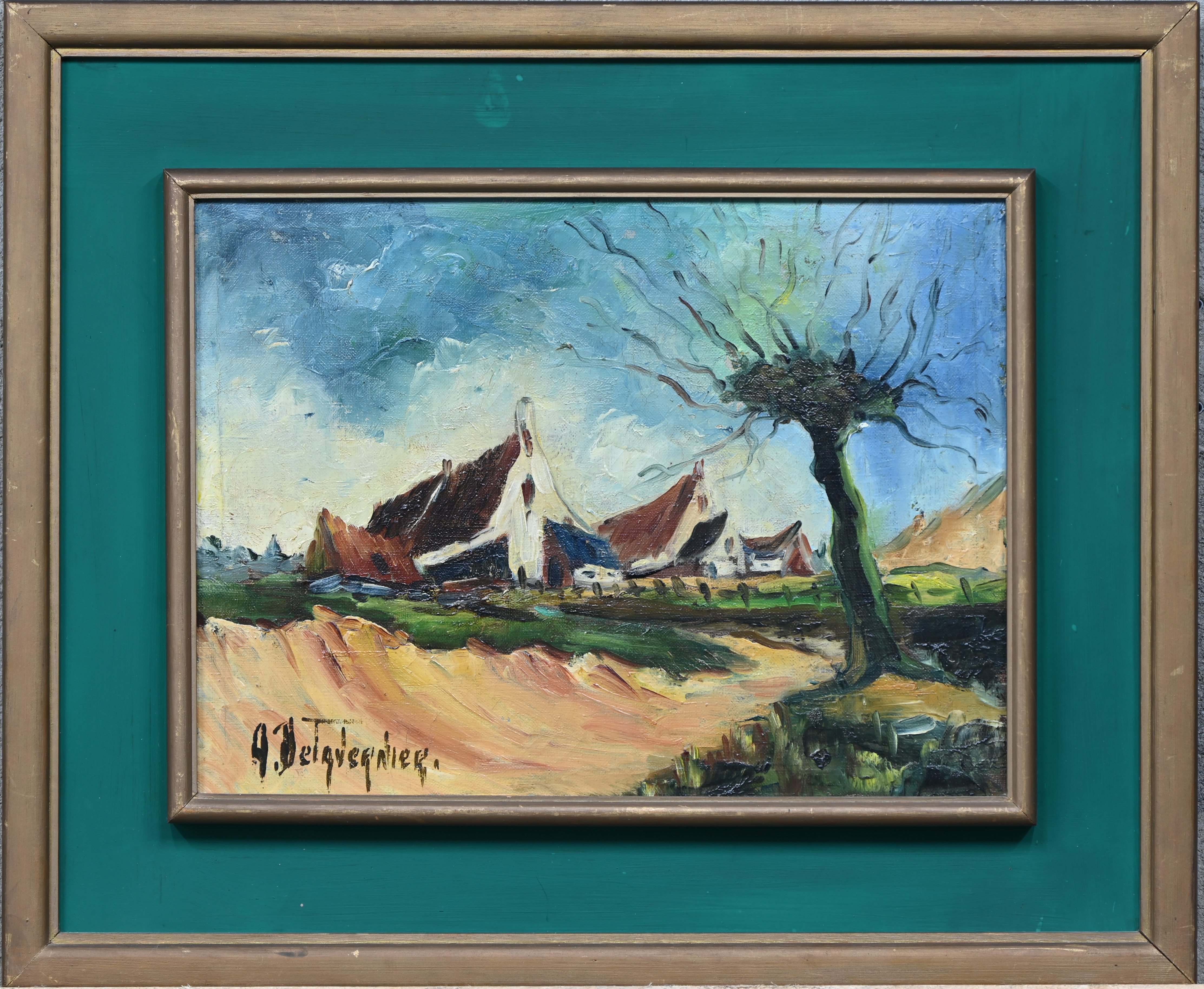 “Hoevezicht met knotwilg”, een schilderij, olieverf op doek, gesigneerd “Hoevezicht met knotwilg”, een schilderij, olieverf op doek, gesigneerd.