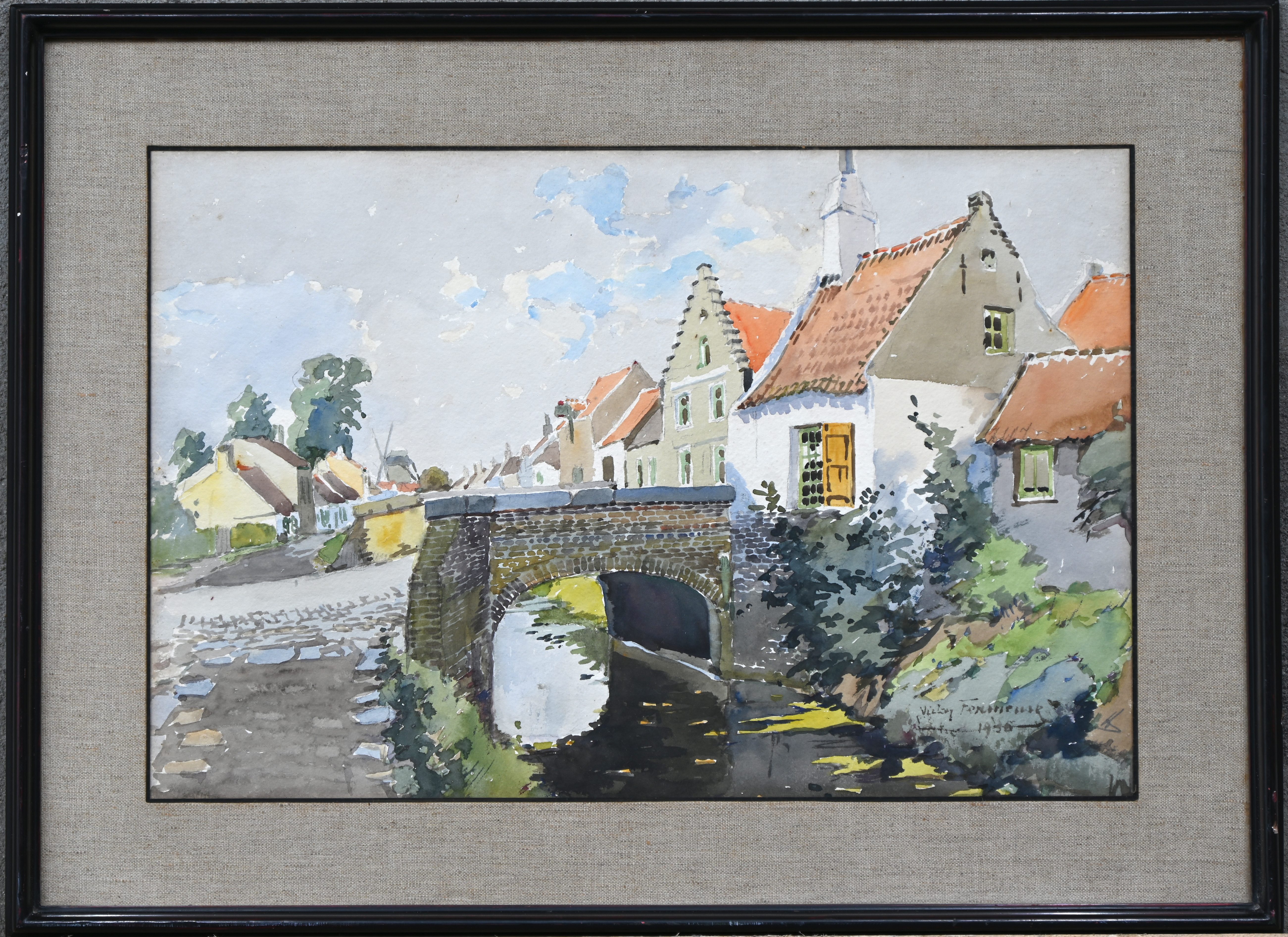 “Dorpszicht aan het water”, een kader, waterverf op papier, gesigneerd “Dorpszicht aan het water”, een kader, waterverf op papier, gesigneerd.