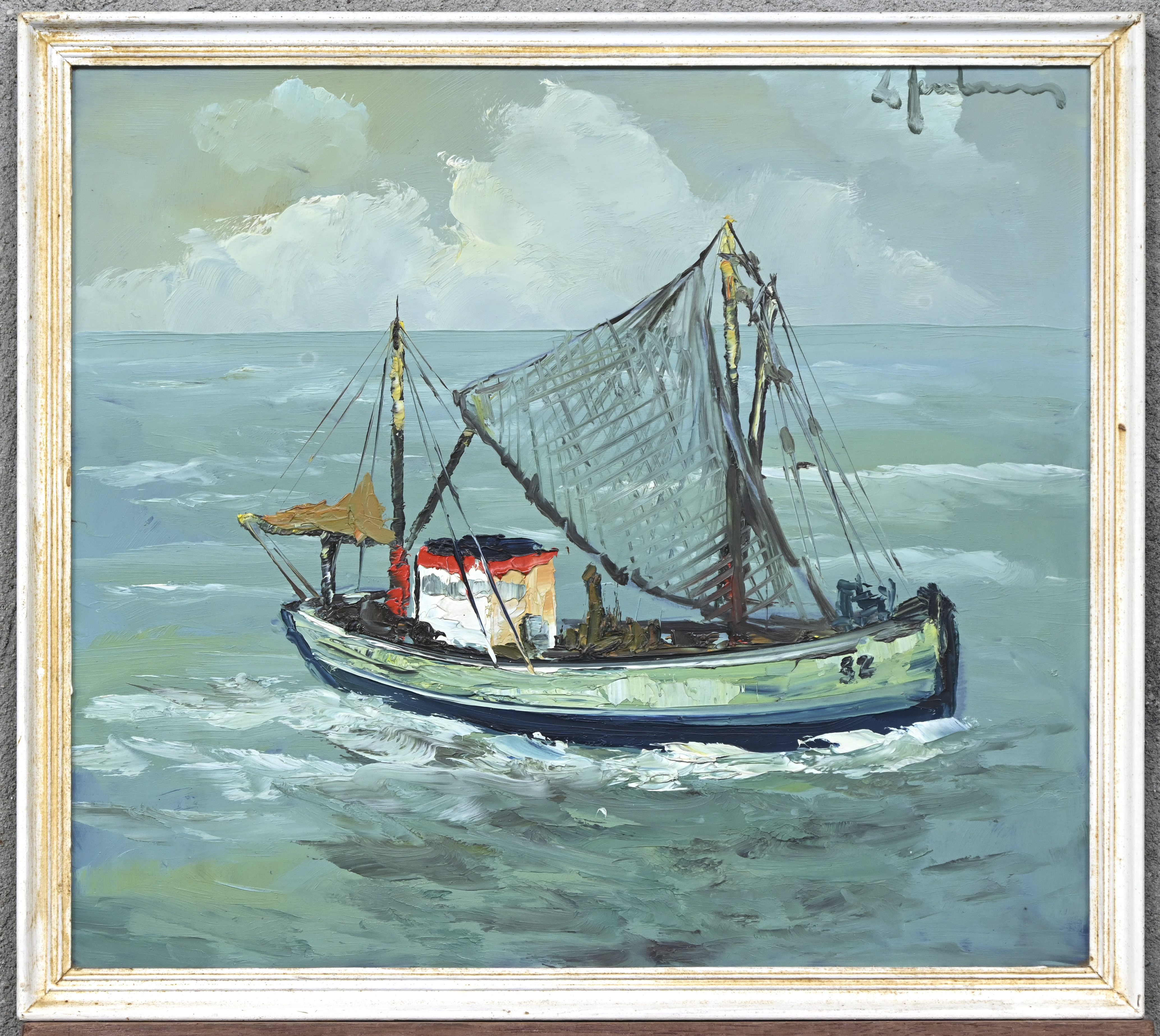 “Visserssloep”, een schilderij, olieverf op paneel, gesigneerd “Visserssloep”, een schilderij, olieverf op paneel, gesigneerd.